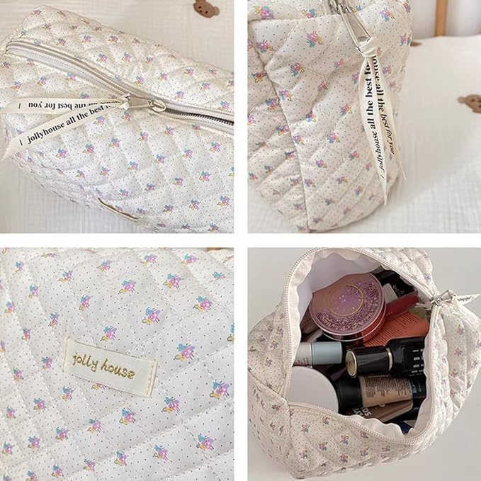 Aucuu Cotton Makeup Bag, Portable Travel Cosmetic Bag, Large Capacity Floral Toiletry Bags, Quilted Wash Bags Organizer for Women Girls