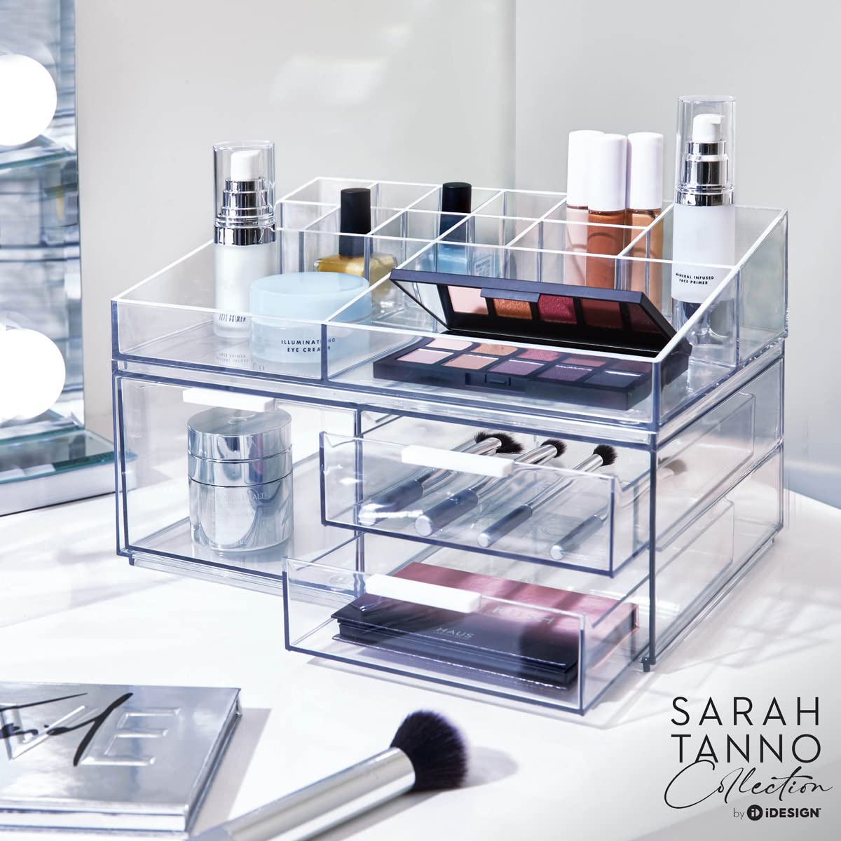 iDesign Storage Drawer from the Signature Series by Sarah Tanno, Rectangular PET Makeup Tray for Beauty Products, Cosmetic Organiser System, Clear/Matte White, 10.2 cm x 20.3 cm x 5 cm