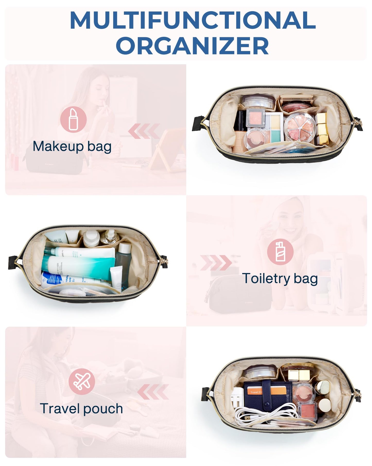 BAGSMART Makeup Bag Travel Cosmetic Bag, Puffy Padded Make Up Bags for Women, Large Capacity Wide-Open Travel-Size Toiletries Pouch, Purple