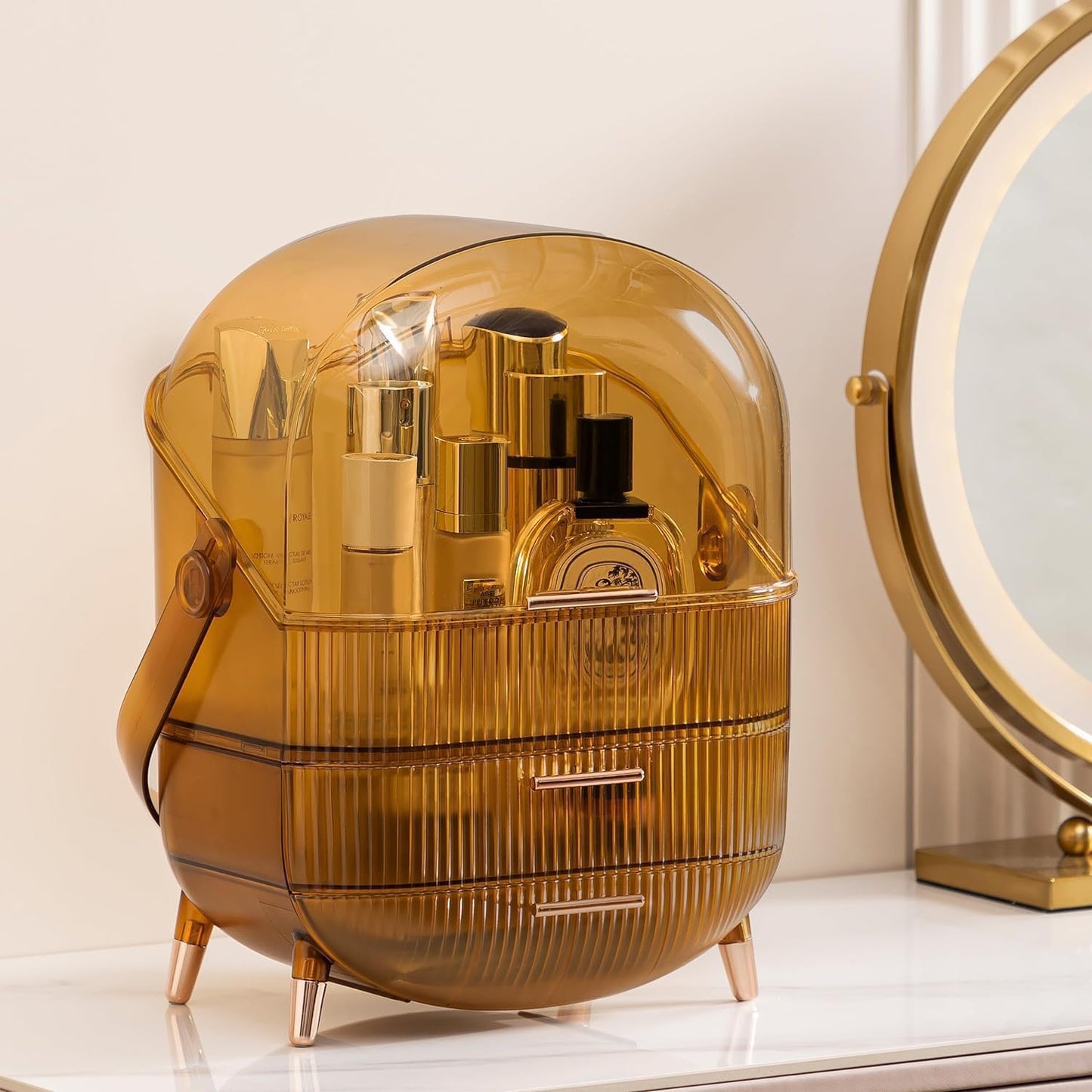 Makeup Organizer Box, Clear Cover Cosmetic Display Case with Two Tier Storage Box and Brush Storage Box, Skincare Organizers for Bathroom Countertop, Bedroom Vanity Desk and Travel (White)