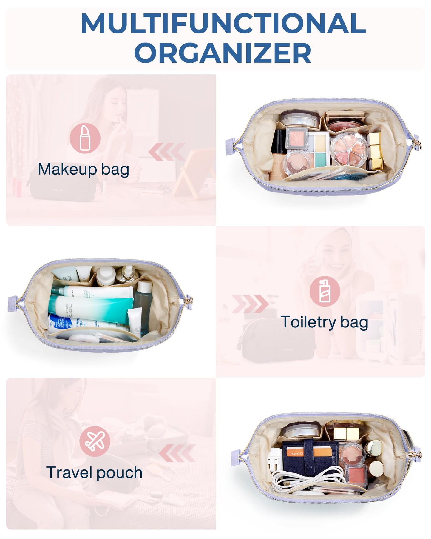 BAGSMART Makeup Bag Travel Cosmetic Bag, Puffy Padded Make Up Bags for Women, Large Capacity Wide-Open Travel-Size Toiletries Pouch, Purple