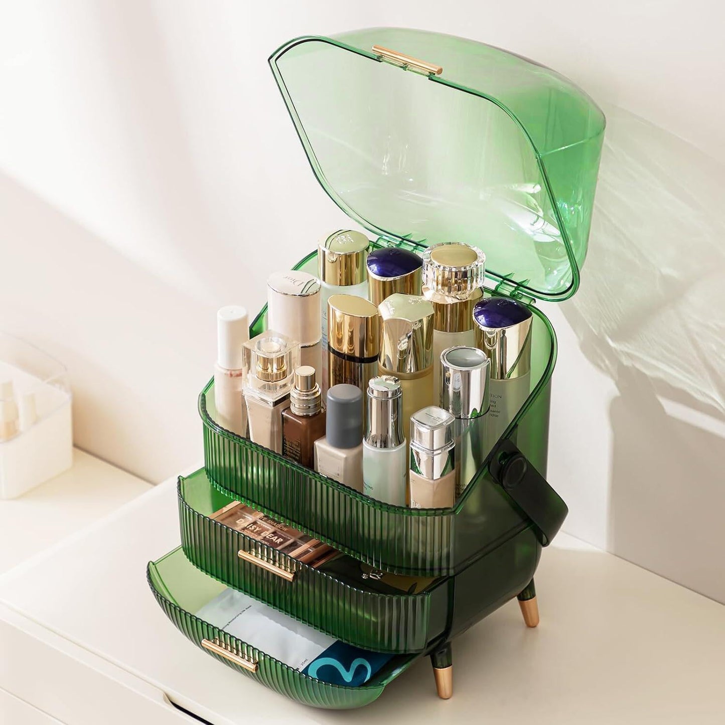 Makeup Organizer Box, Clear Cover Cosmetic Display Case with Two Tier Storage Box and Brush Storage Box, Skincare Organizers for Bathroom Countertop, Bedroom Vanity Desk and Travel (White)