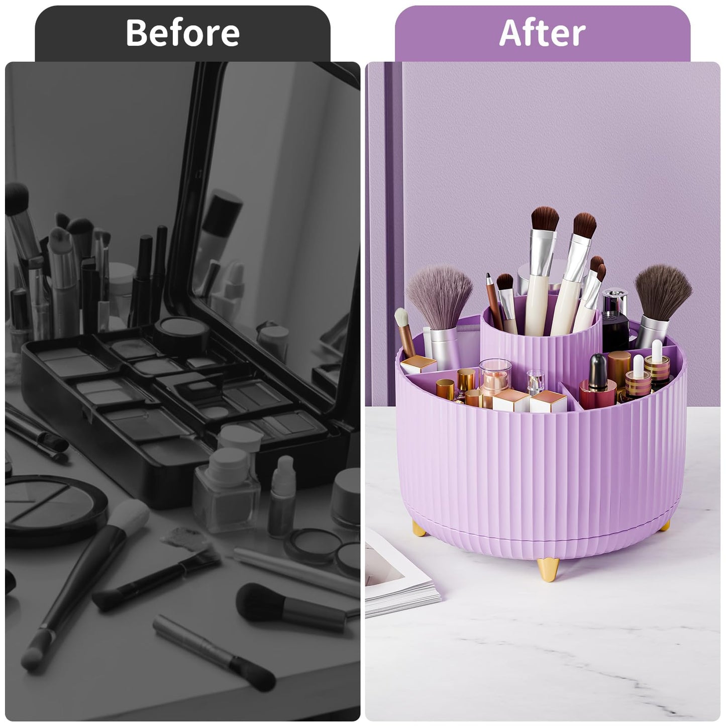 fanado 360° Rotating Makeup Organiser, Makeup Brush Holder, 5 Compartment Makeup and Skincare Storage for Vanity, Desktop, Bathroom (Purple)