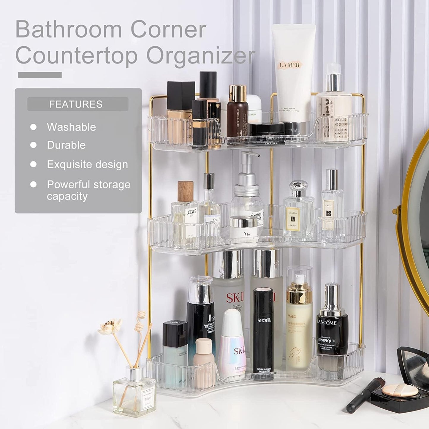 Bingobang Makeup Organiser Corner Trays, 3 Tiers Skincare Cosmetic Organizer Acrylic Large, Storage Tidy for Lipstick, Nail Care, Perfume, Brush, Vanity Dresser, Bedroom, Kitchen, Bathroom(Grey)