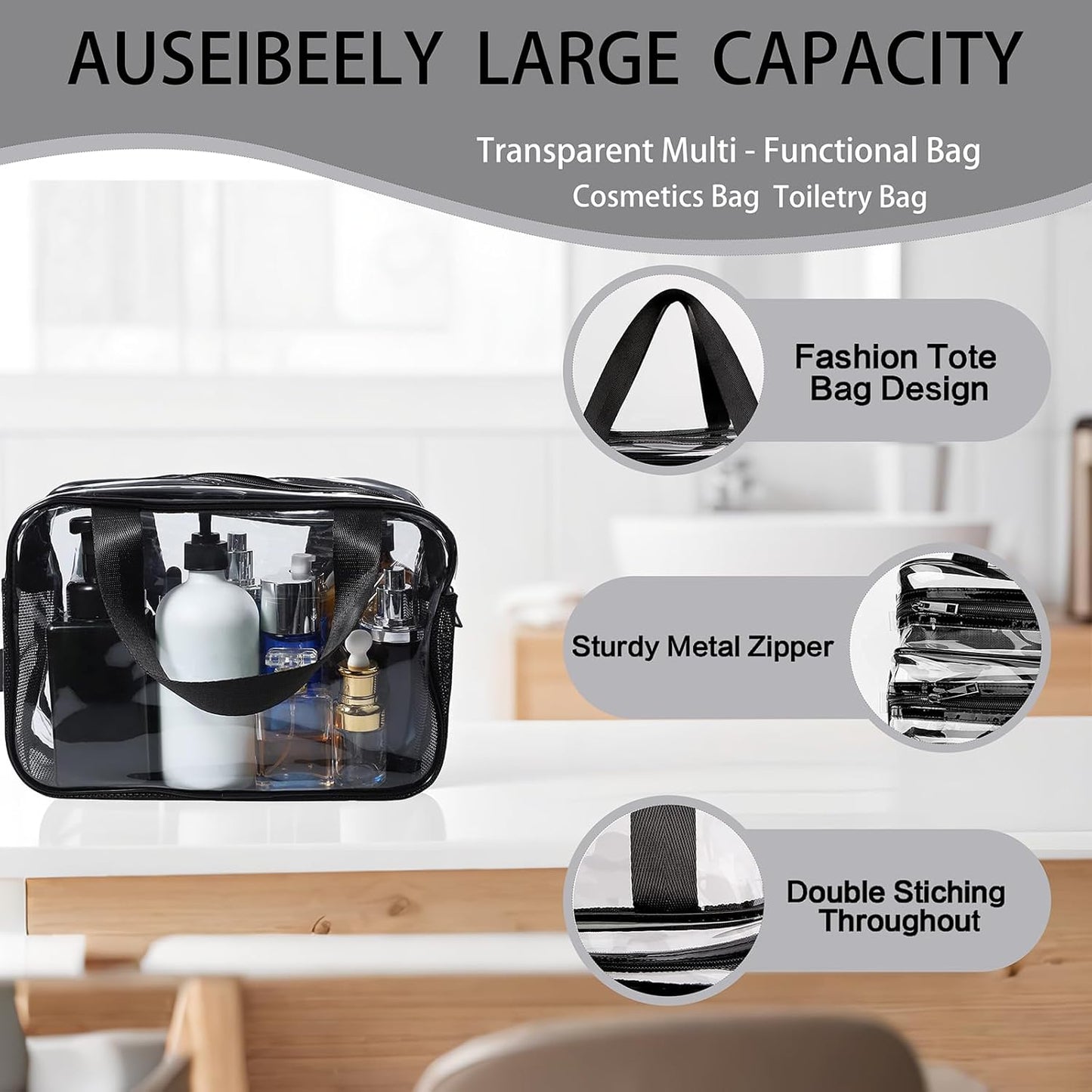 Clear Toiletry Bag & Makeup Organizer - Extra Large Travel Cosmetic with Double Zippers with Handles Waterproof Toiletries Bag for Women & Men (Transparent PVC)