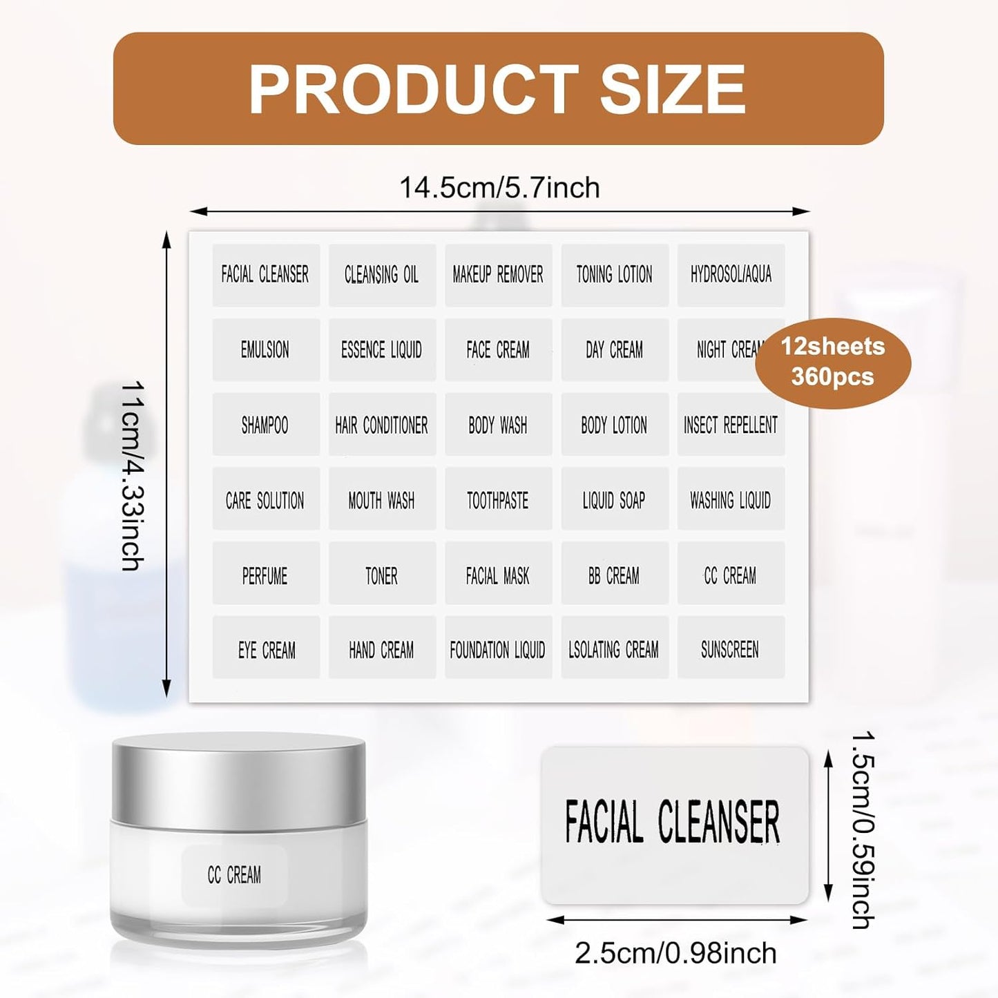 360Pcs Waterproof Labels for Travel Size Bottles, Self-Adhesive Cosmetic Jars Labels, Clear Bathroom Beauty Organization Removable Stickers for Refillable Bottles, Lotion Cream Body Wash Shampoo