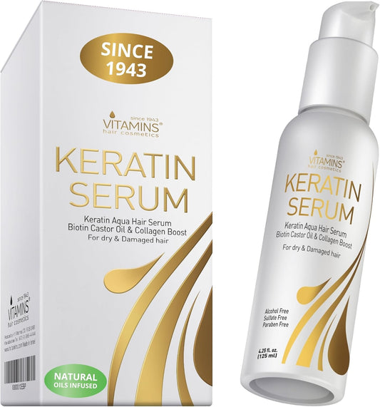VITAMINS hair cosmetics Hair Serum for Frizzy Mane - Keratin Hair Treatment, Anti Frizz Moisturiser for Dry Damaged Locks - Heat Protection and Strengthening with Biotin & Collagen