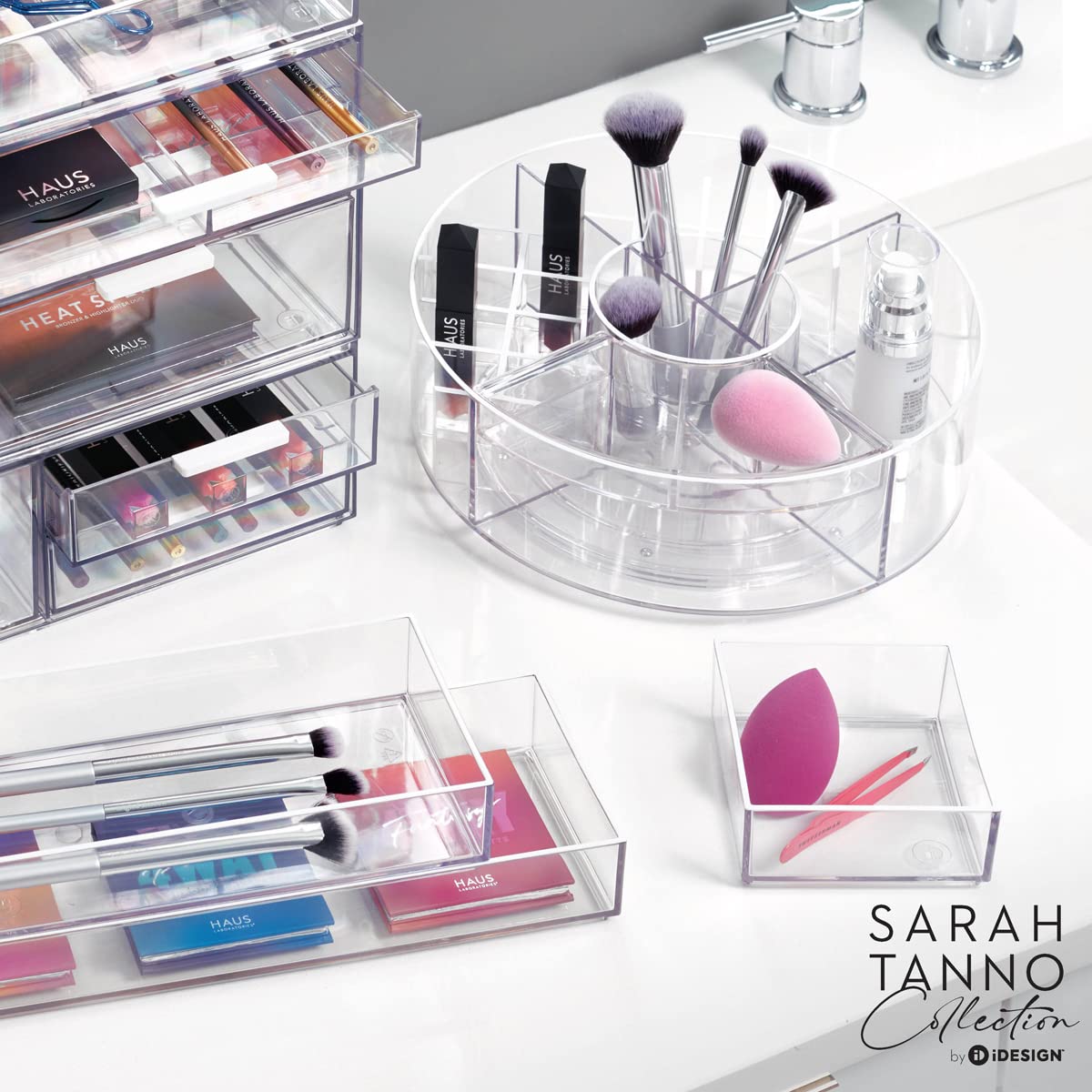 iDesign Storage Drawer from the Signature Series by Sarah Tanno, Rectangular PET Makeup Tray for Beauty Products, Cosmetic Organiser System, Clear/Matte White, 10.2 cm x 20.3 cm x 5 cm