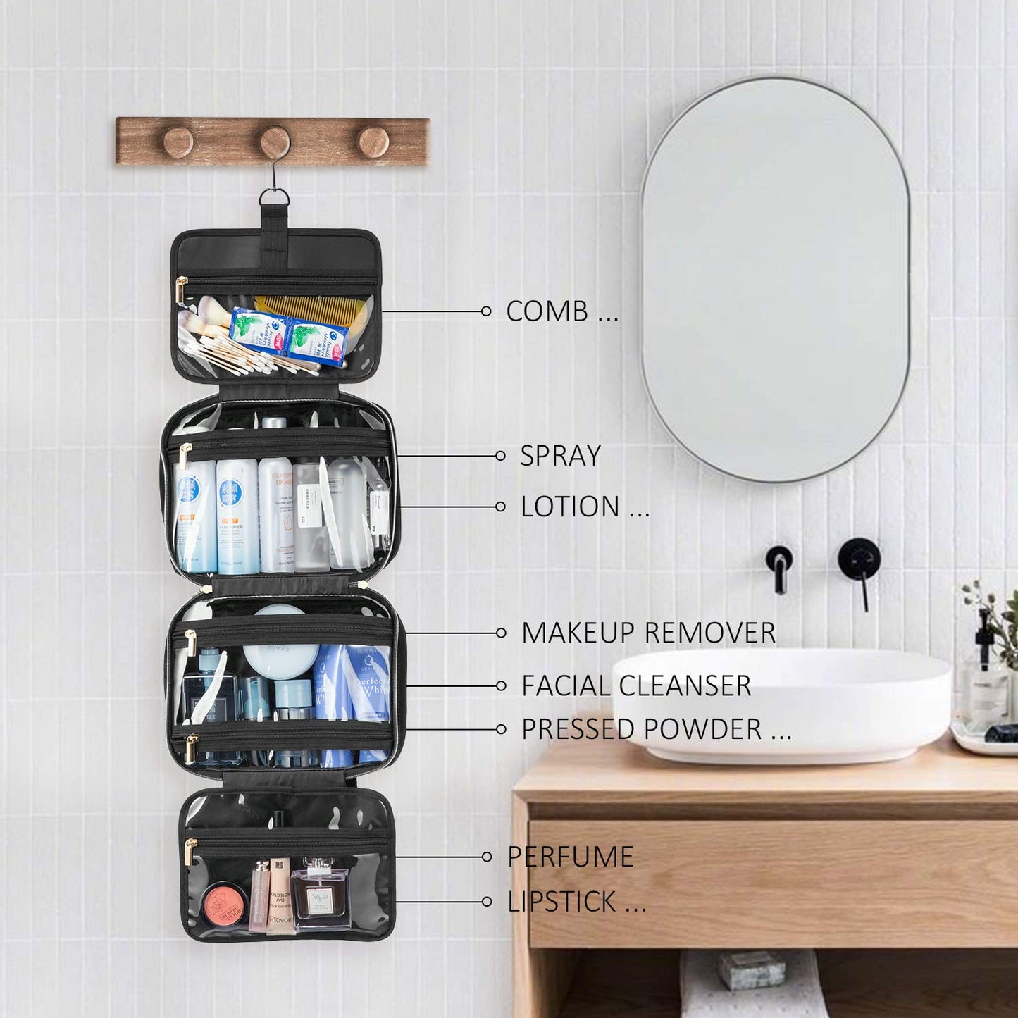 LOVEVOOK Toiletry Bag Hanging Travel Wash Bag for Women, Waterproof Toiletries Makeup Bags with Hook, Large Cosmetic Organizer Ladies, for Full Sized Container