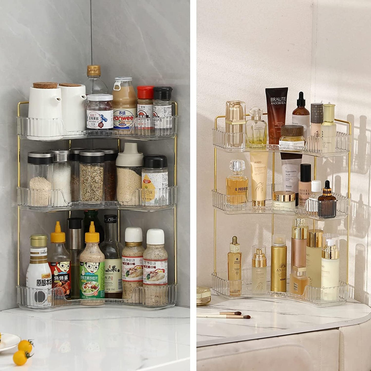 Bingobang Makeup Organiser Corner Trays, 3 Tiers Skincare Cosmetic Organizer Acrylic Large, Storage Tidy for Lipstick, Nail Care, Perfume, Brush, Vanity Dresser, Bedroom, Kitchen, Bathroom(Grey)