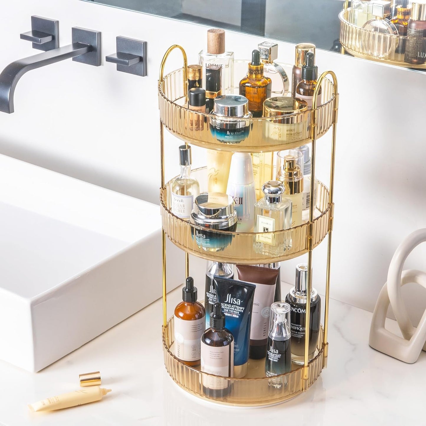 Rotating Makeup Organizer for Vanity, Large Skincare Make Up Storage Perfume Organizers for Bathroom Counter, Clear Cosmetic Lipstick Toiletry Dresser Organizer Spinning Holder