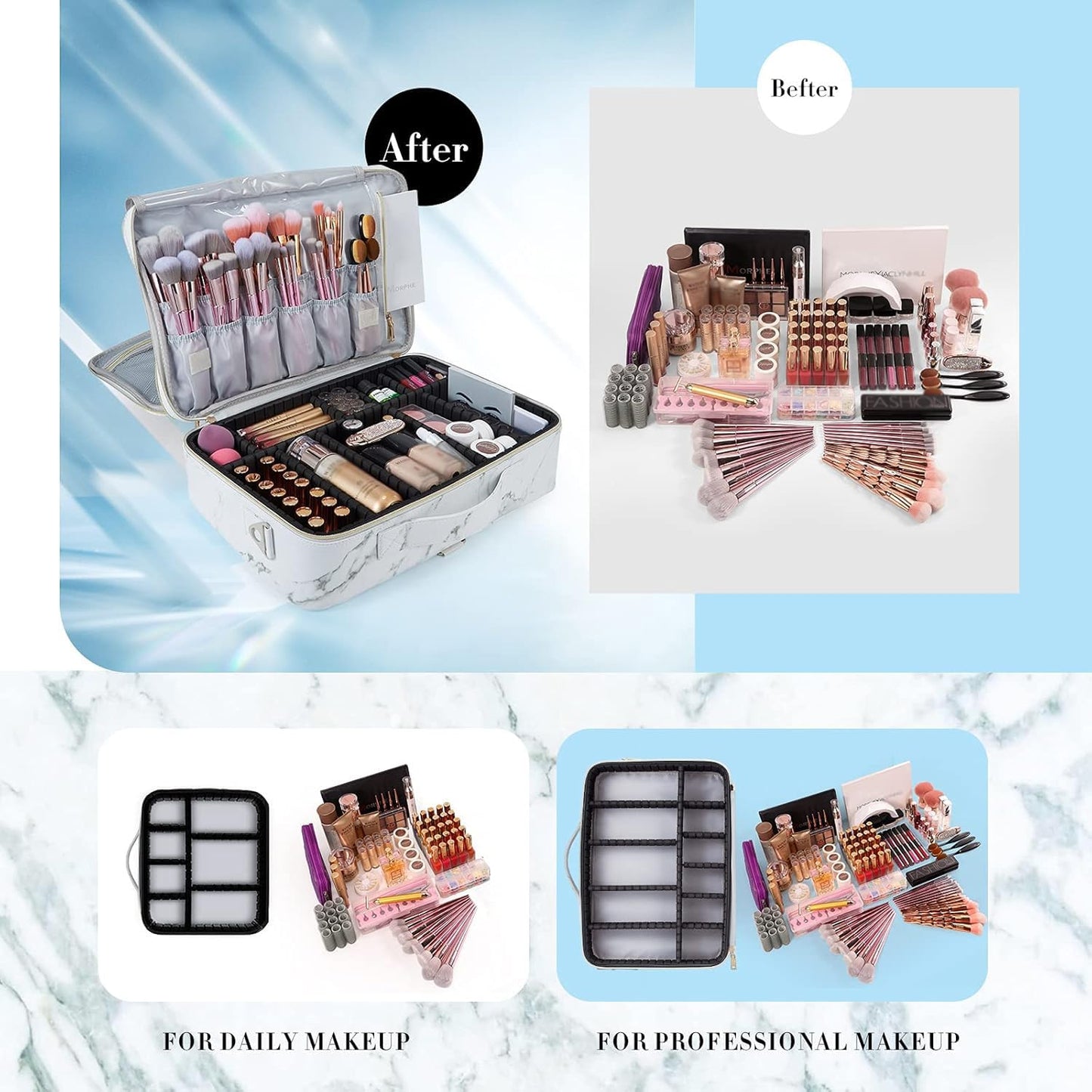 Joligrace Large PU Leather Professional Makeup Bag with Removable Back Strap Cosmetic Case Beauty Box Hairdressing Tools Organiser Storage Box, Marble