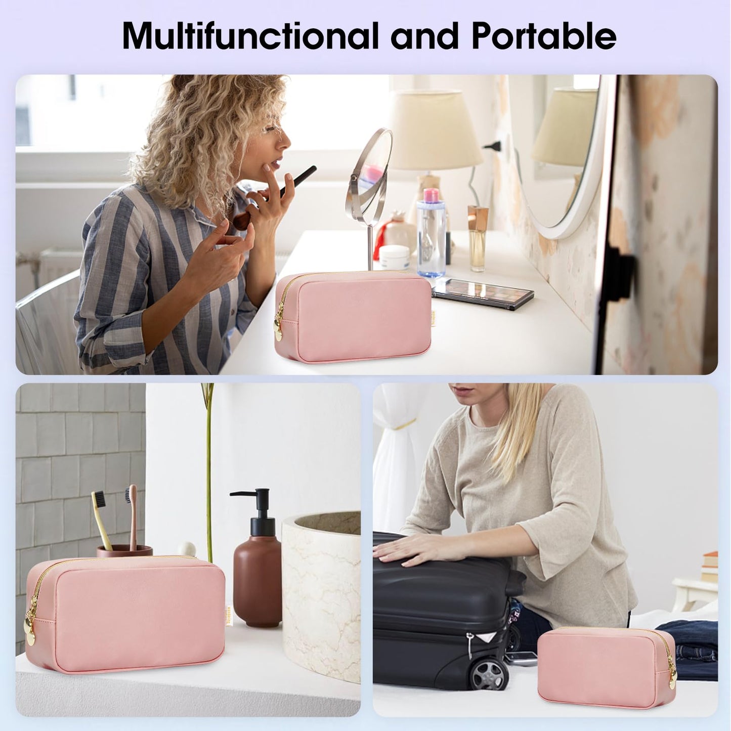 Small Makeup Bag for Handbag, Mini Make Up Bag for Purse, Small Makeup Pouch for Women, Cosmetic Bag with Slip-in Pockets, Vegan Leather Travel Makeup Bag, Black (Patent Pending)