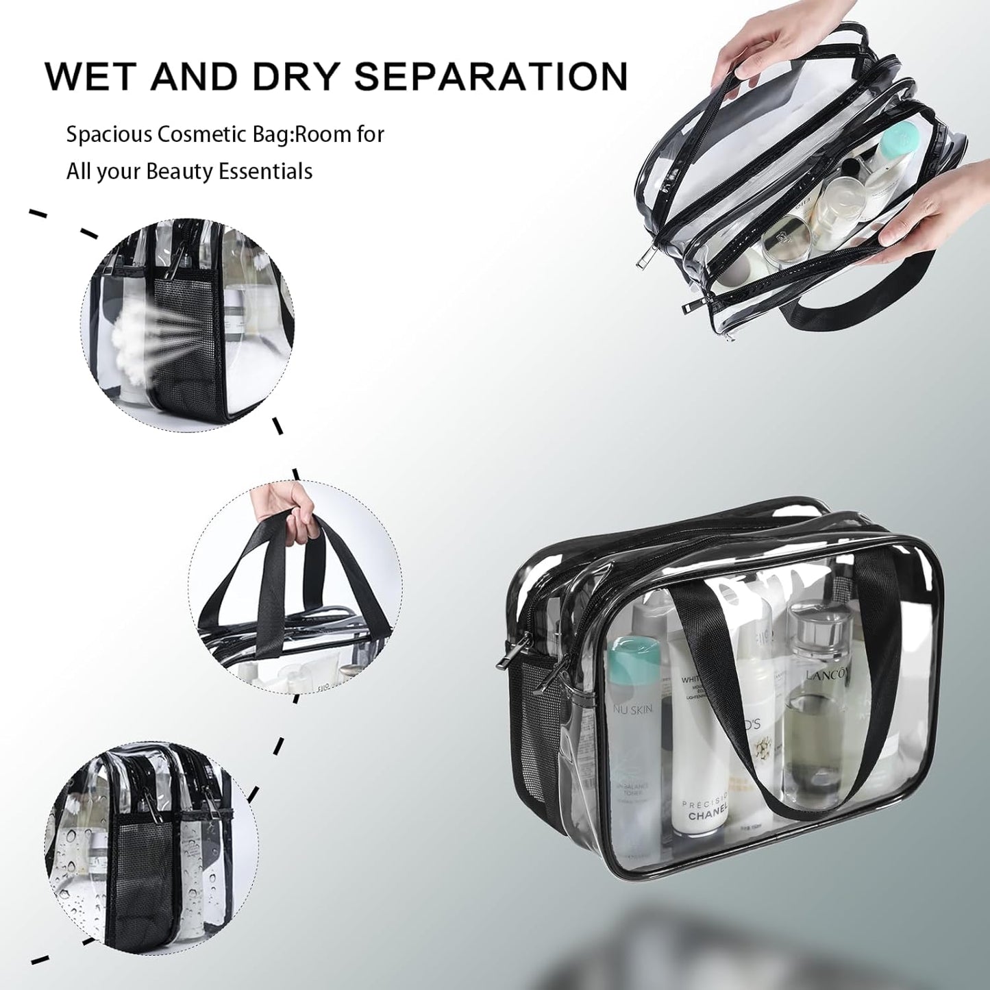Clear Toiletry Bag & Makeup Organizer - Extra Large Travel Cosmetic with Double Zippers with Handles Waterproof Toiletries Bag for Women & Men (Transparent PVC)