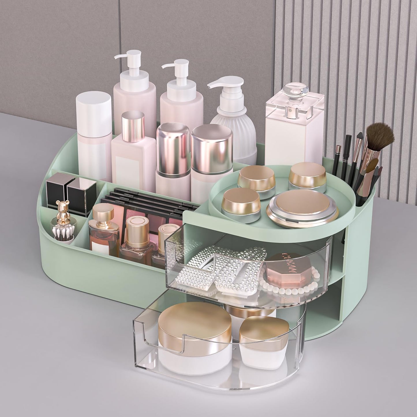 Makeup Organiser, Large Capacity Cosmetic Organisers for Beauty Skincare Jewelry, Make Up Storage Cosmetic Dressing Table Organiser Makeup Box with Drawer for Bedroom Bathroom Dresser Office (White)