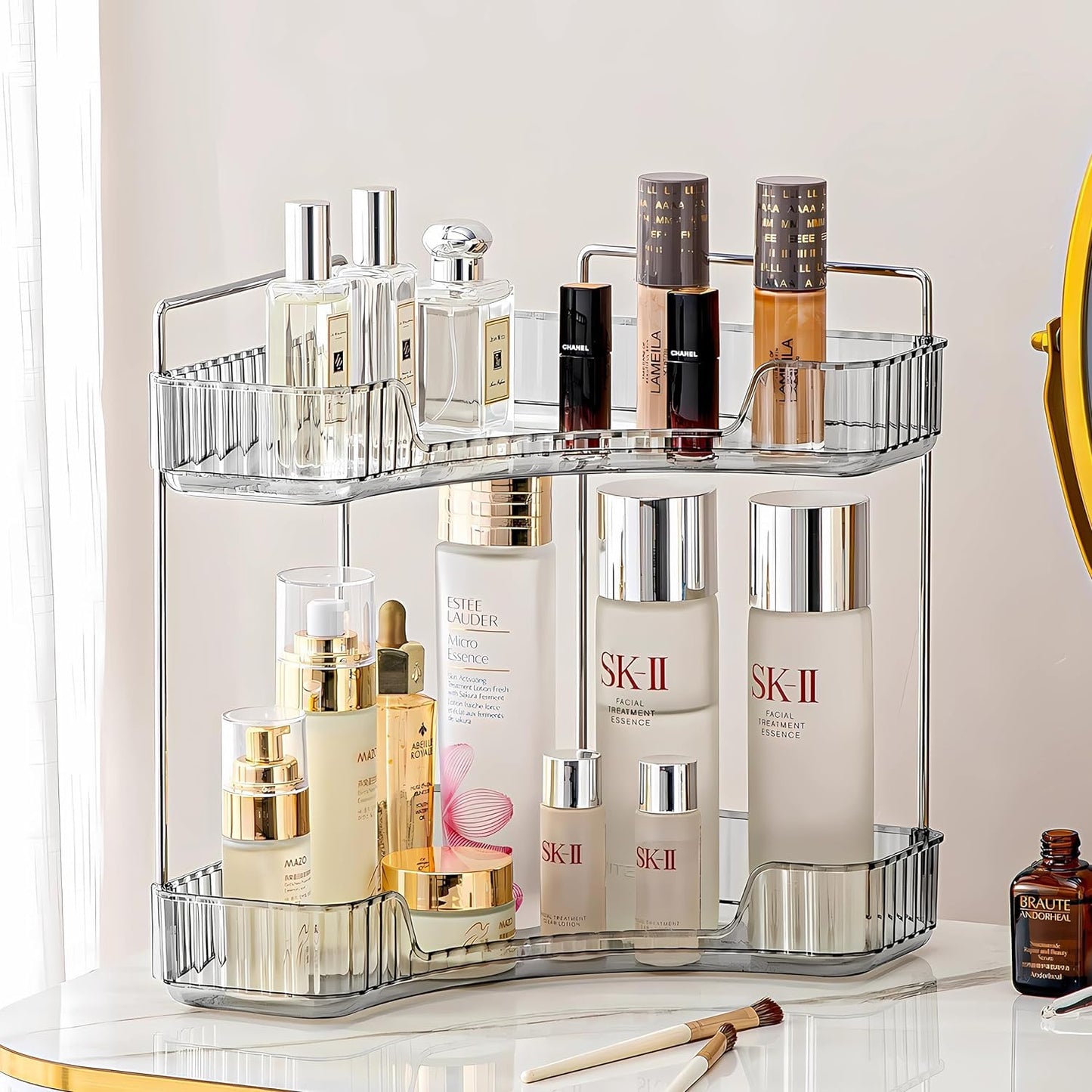 Bingobang Makeup Organiser Corner Trays, 3 Tiers Skincare Cosmetic Organizer Acrylic Large, Storage Tidy for Lipstick, Nail Care, Perfume, Brush, Vanity Dresser, Bedroom, Kitchen, Bathroom(Grey)