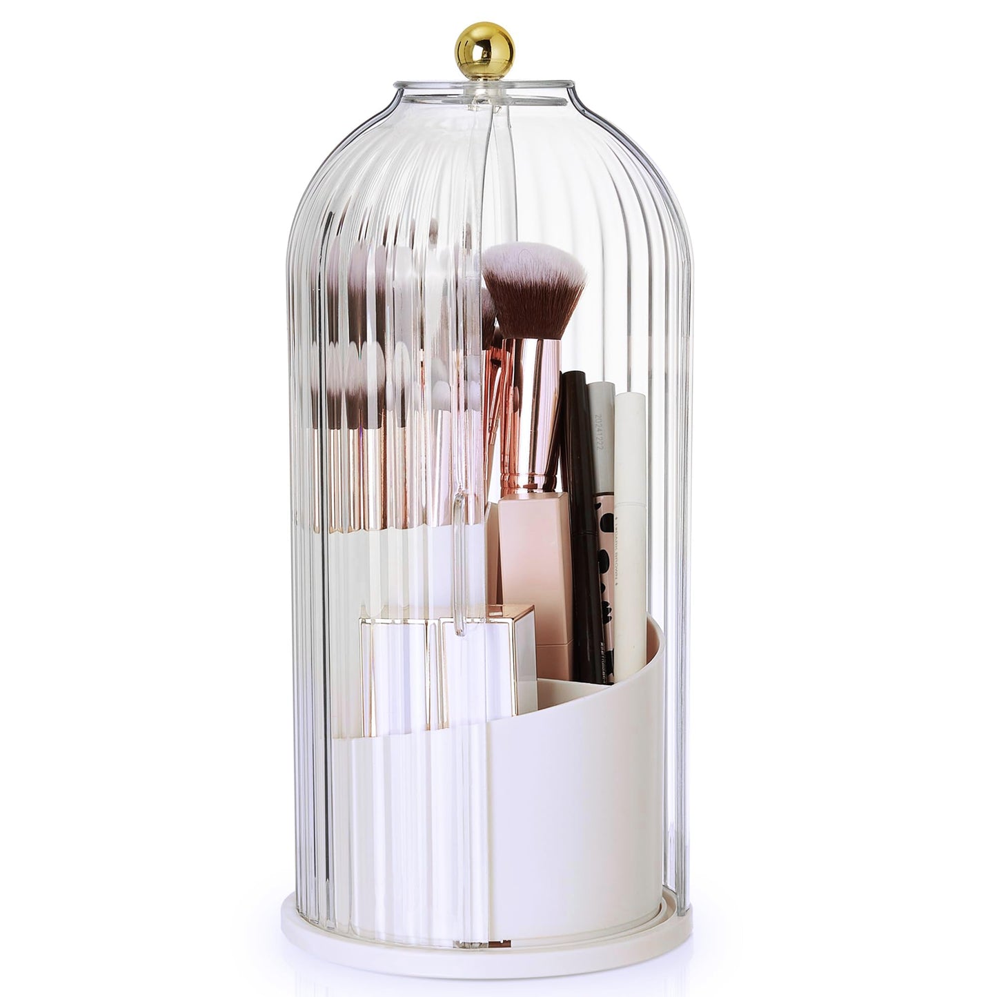 Makeup Brush Holder Rotating Organiser with Clear Lid,Sliding Opening Dustproof Makeup Brush Case Make up Organizer Storage for Dressing Table Organiser,Vanity,White Black