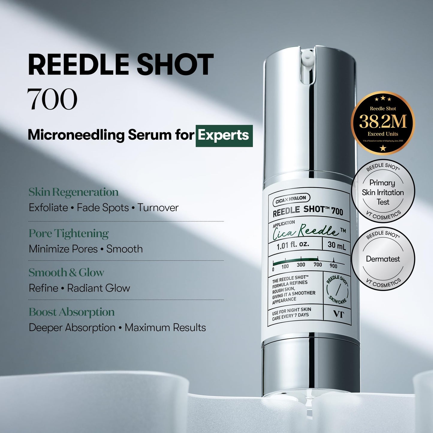 VT COSMETICS CICA Reedle Shot 100, Spicule Microneedling Serum for Pore Care & Exfoliation, Exosome, Centella Asiatica for Glass Skin, Skin Texture, Korean Liquid Skin Booster (1.69 Fl Oz / 50ml)