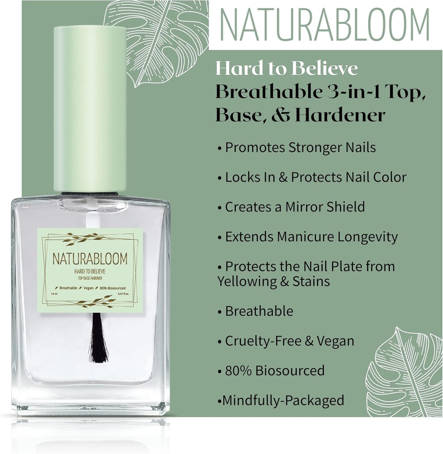 Hard to Believe 3-In-1 Nail Strengthener and Growth Polish - Nail Hardener and Strengthener Professional, Top, & Base Coat at Your Fingertips - Biosourced, Vegan & Breathable Nail Top Coat