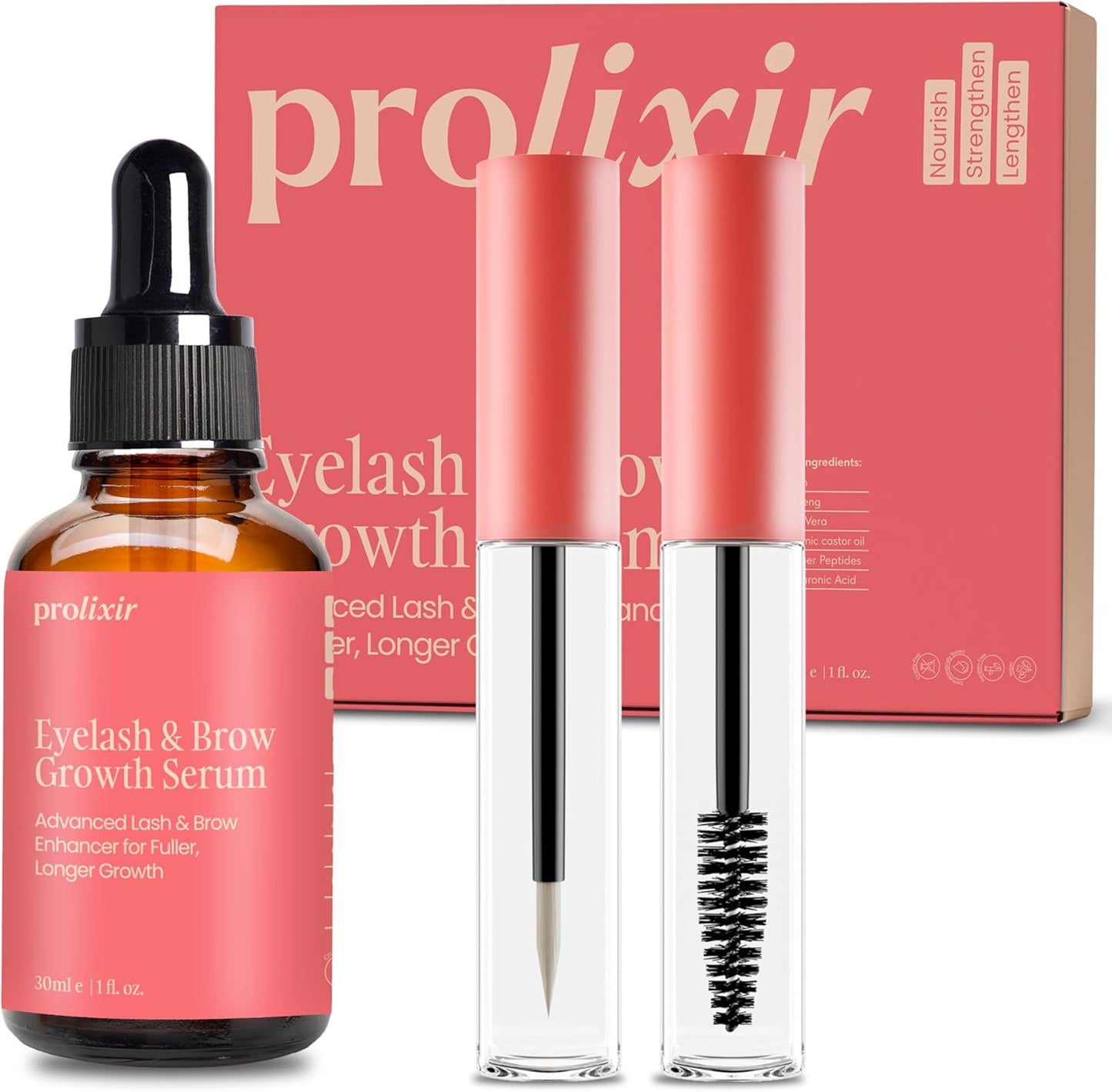 Prolixir Eyelash & Eyebrow Growth Serum 30ml – Castor Oil, Biotin & Copper Peptide | Lash & Brow Enhancer for Fuller, Thicker Hair | Dual Applicator | Long-Lasting, Vegan & No Irritation lash serum