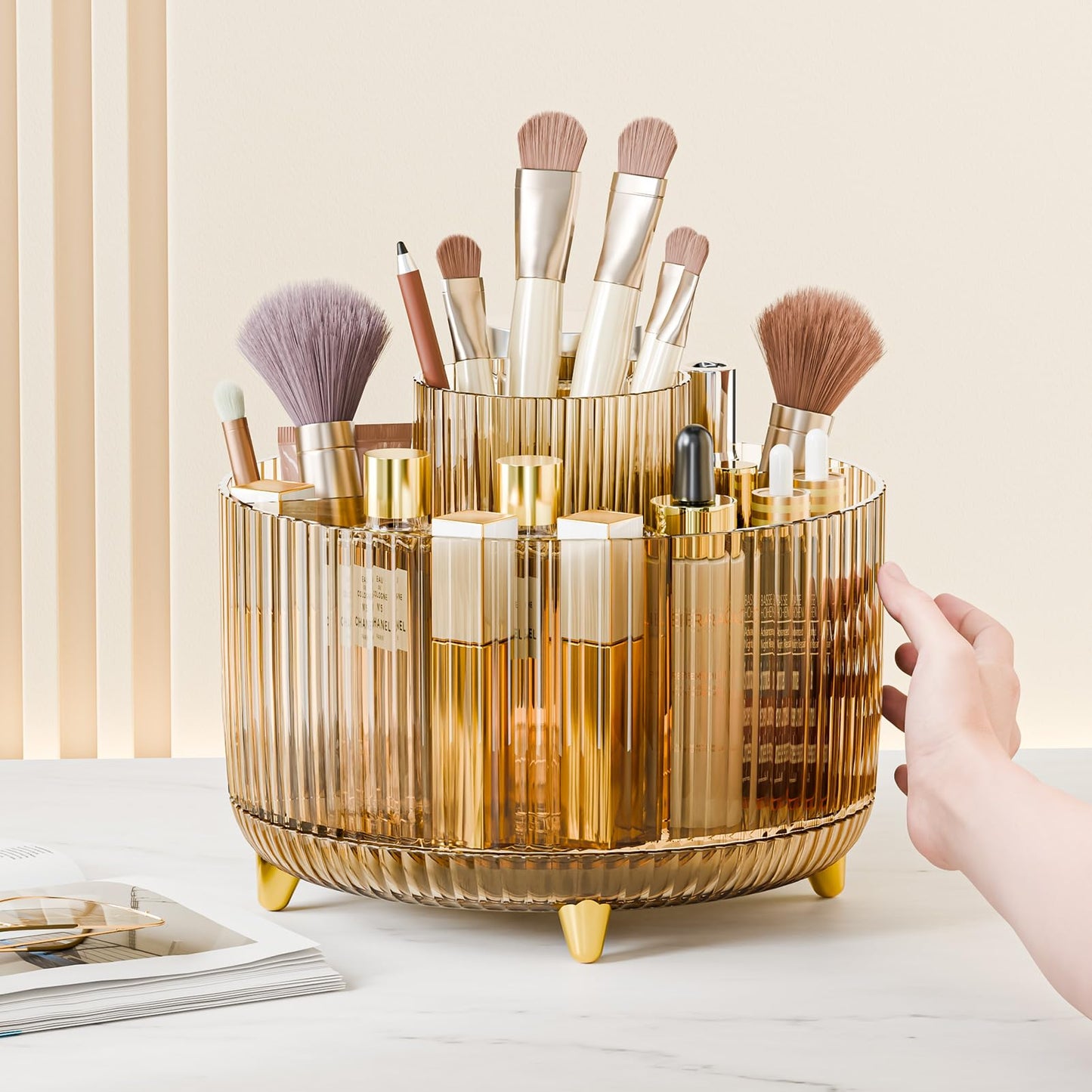 fanado 360° Rotating Makeup Organiser, Makeup Brush Holder, 5 Compartment Makeup and Skincare Storage for Vanity, Desktop, Bathroom (Purple)