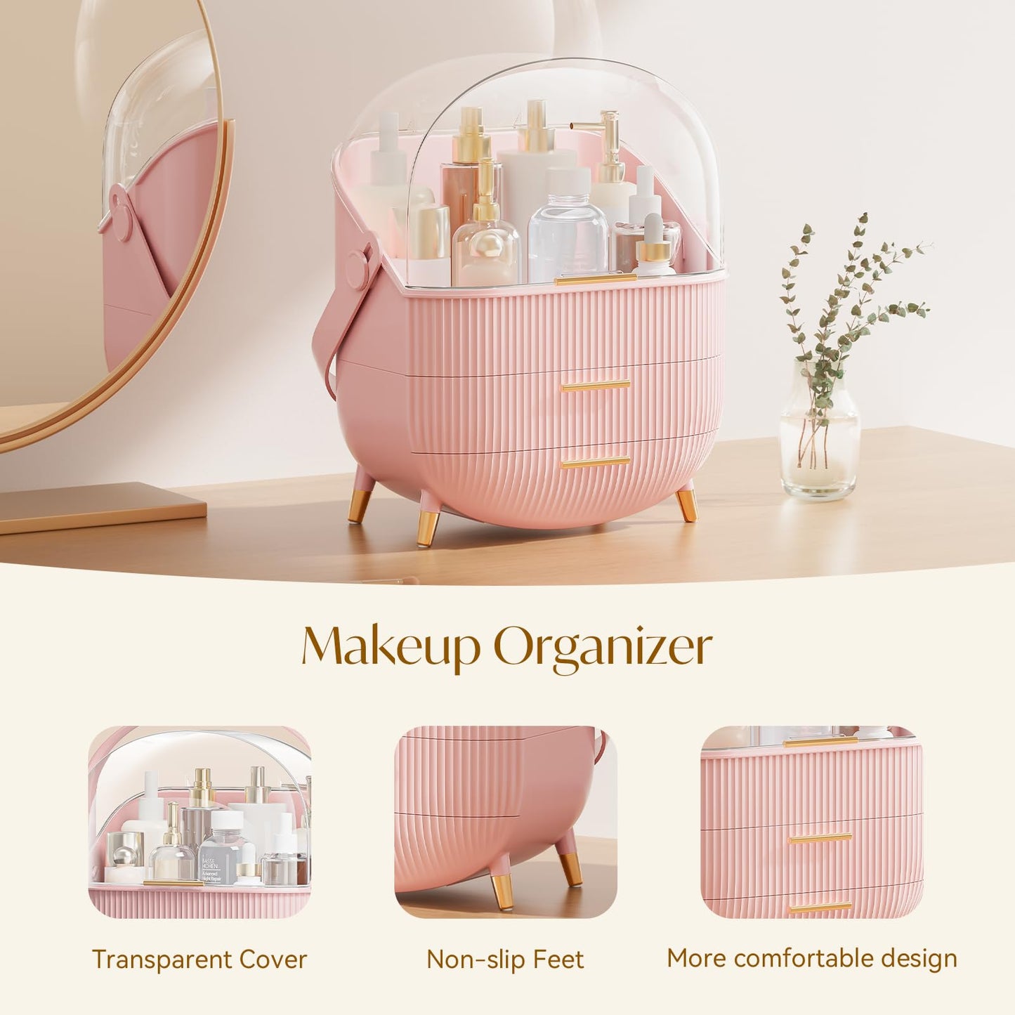 Multi-Function Make Up Case Dustproof Cosmetic Storage Box, Organizer Skin Care Products Jewelry Organizer Finishing Box for Bedroom Bathroom Desktop (Pink)