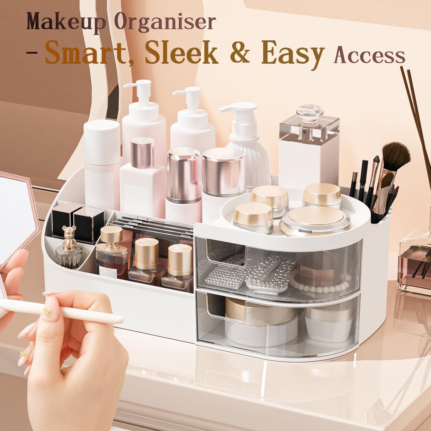 Makeup Organiser, Large Capacity Cosmetic Organisers for Beauty Skincare Jewelry, Make Up Storage Cosmetic Dressing Table Organiser Makeup Box with Drawer for Bedroom Bathroom Dresser Office (White)