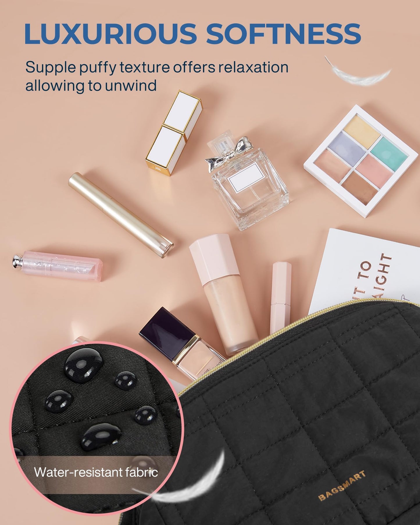 BAGSMART Makeup Bag Travel Cosmetic Bag, Puffy Padded Make Up Bags for Women, Large Capacity Wide-Open Travel-Size Toiletries Pouch, Purple