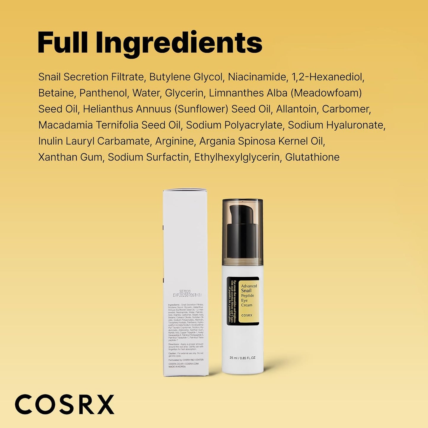 COSRX Advanced Snail Peptide Eye Cream Korean Eye Cream with Snail Mucin, Niacinamide & Peptide for Under Eye Brightening, Anti aging, Fine Lines, Dark Circles & Wrinkle Reduction Korean Skincare 25ml