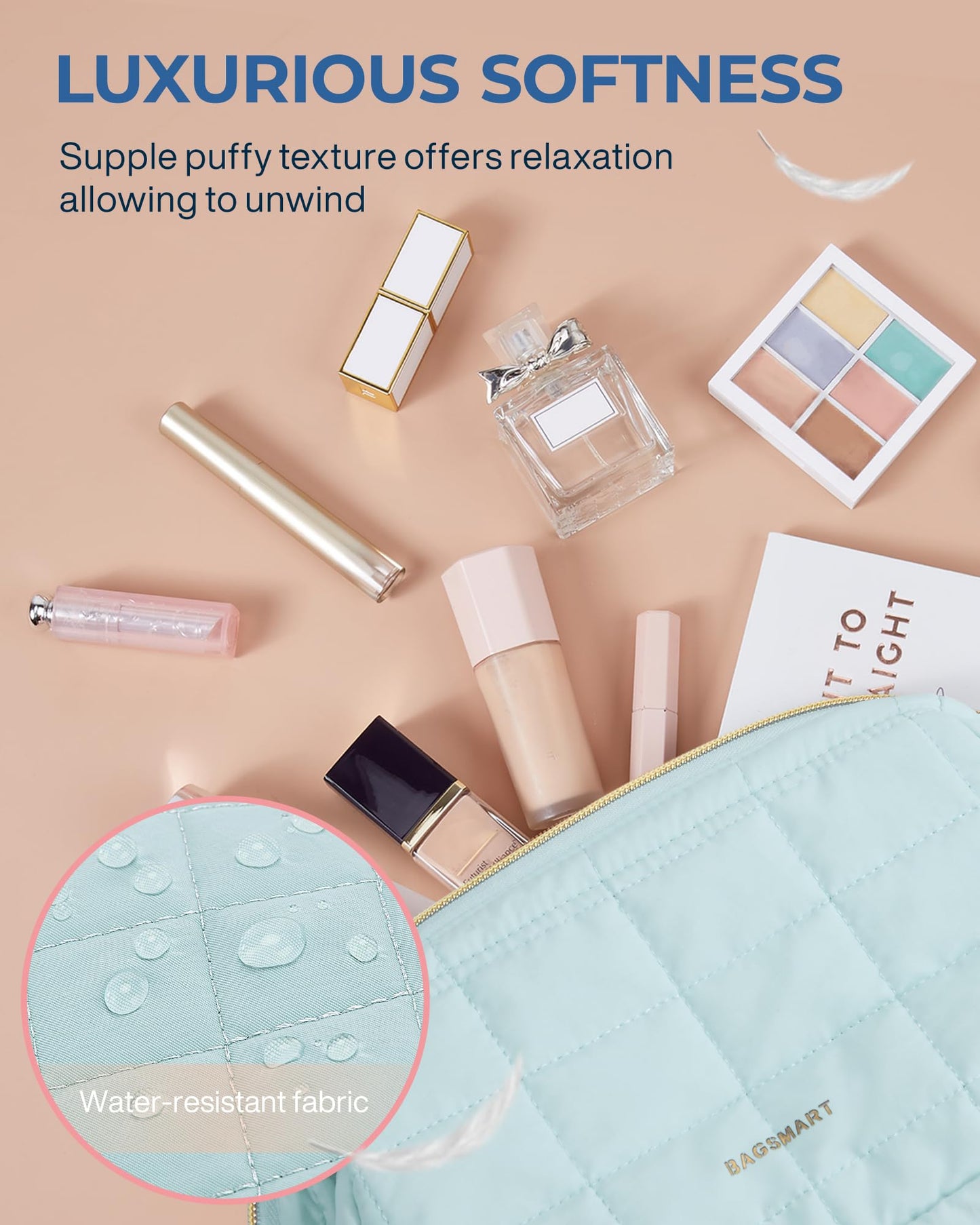 BAGSMART Makeup Bag Travel Cosmetic Bag, Puffy Padded Make Up Bags for Women, Large Capacity Wide-Open Travel-Size Toiletries Pouch, Purple