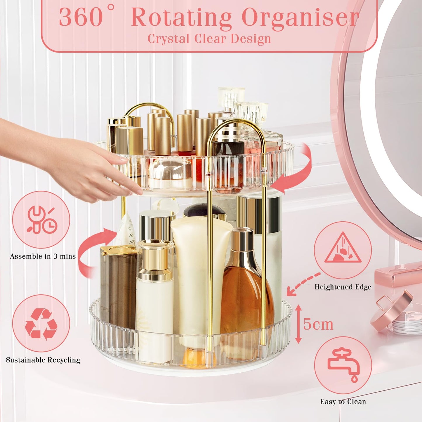 Boxalls Make up Organiser 360° Rotating, 3 Tier Large Capacity Bathroom Organizer, Cosmetics Vanity Storage, Dressing Table Organiser, Skincare Spinning Carousel for Skincare Perfume (3 Tiers, Green)