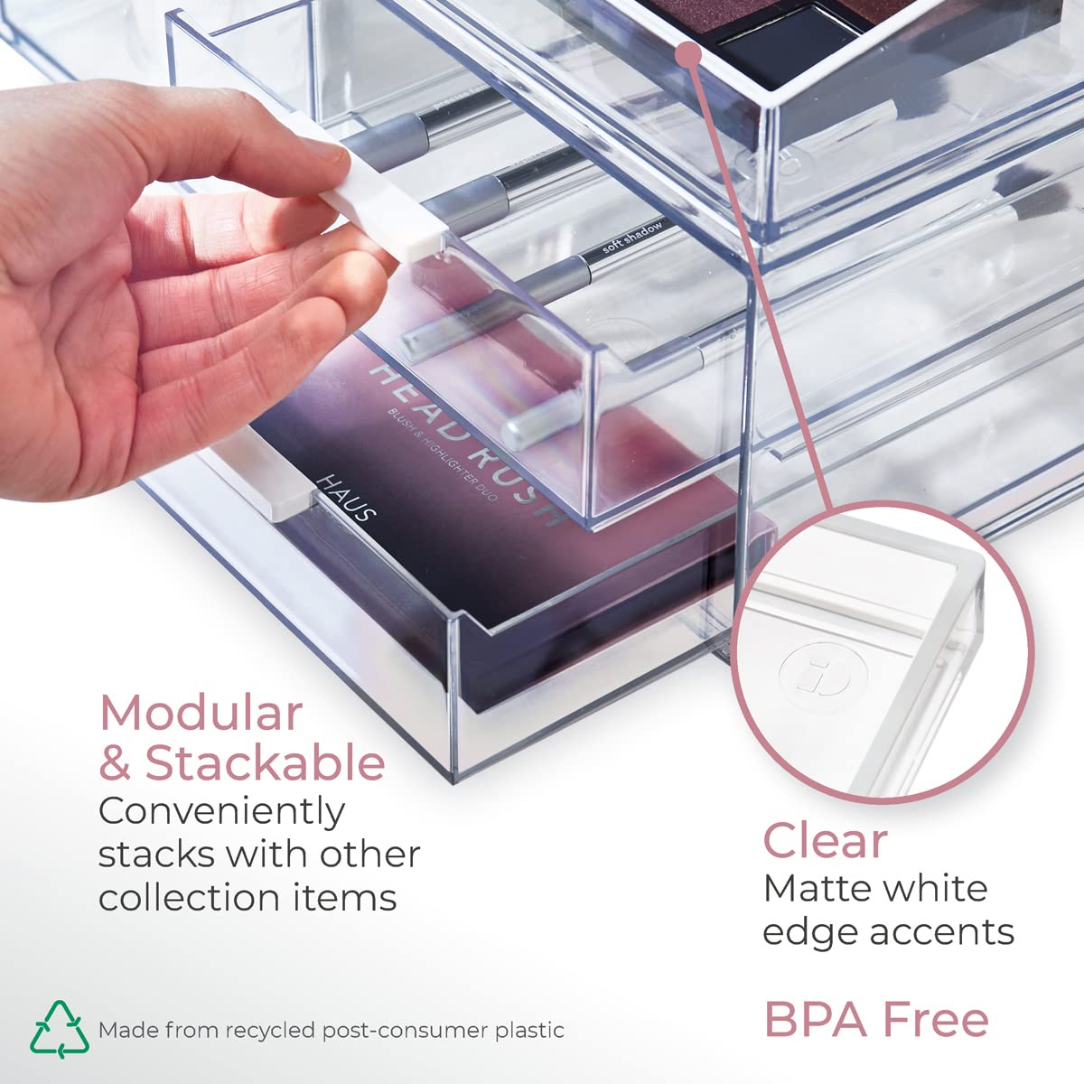 iDesign Storage Drawer from the Signature Series by Sarah Tanno, Rectangular PET Makeup Tray for Beauty Products, Cosmetic Organiser System, Clear/Matte White, 10.2 cm x 20.3 cm x 5 cm