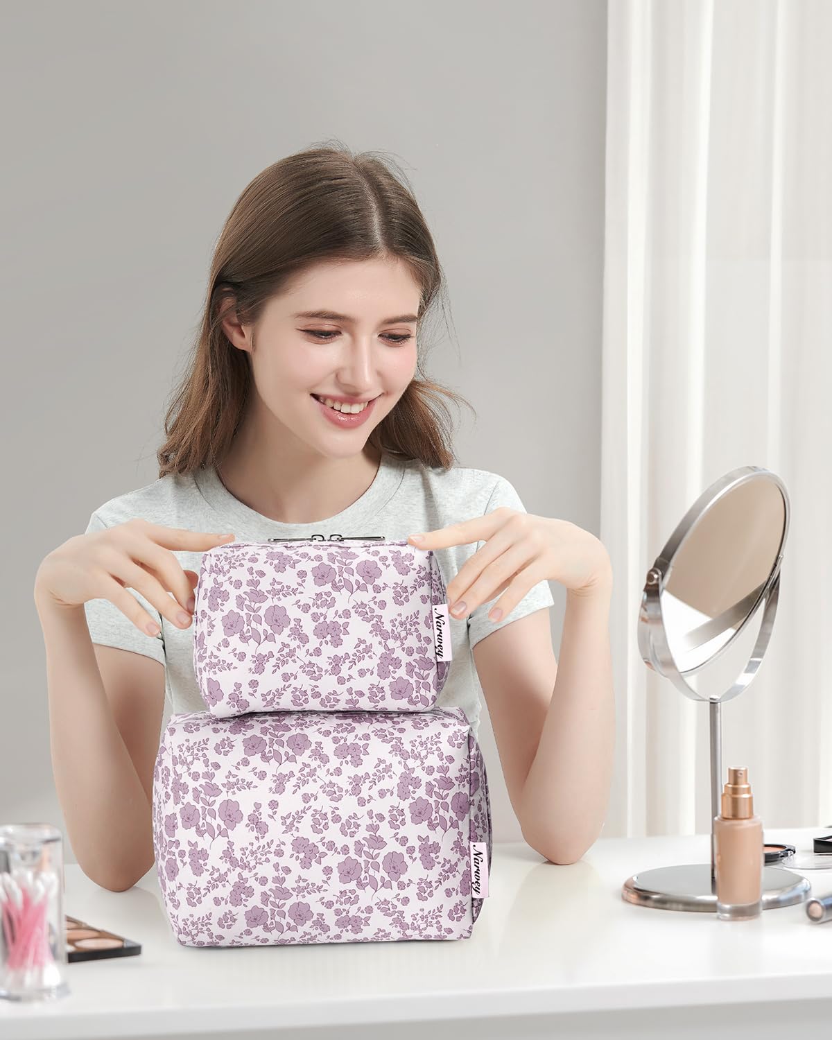 Large Makeup Bag Zipper Pouch Travel Cosmetic Organizer for Women (Mint Green Checkerboard, Large)