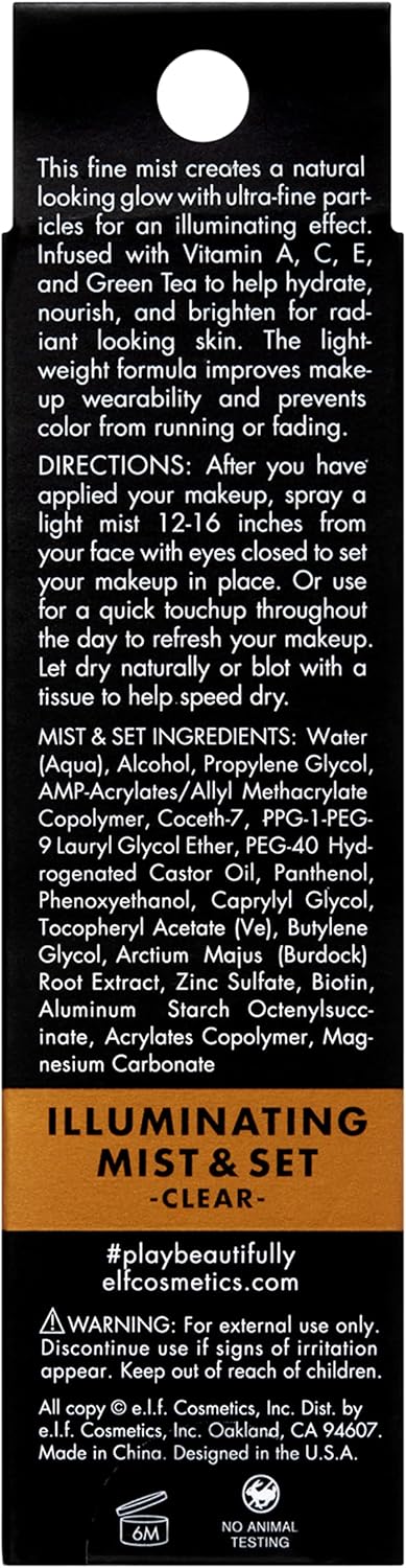 E.l.f. Illuminating Mist & Set Spray, Refreshing, Hydrating, Sets Makeup And Achieves A Glowy Look, Infused With Green Tea, And Vitamins A, B And C, Available In Small And Large Sizes 60ml, 120ml
