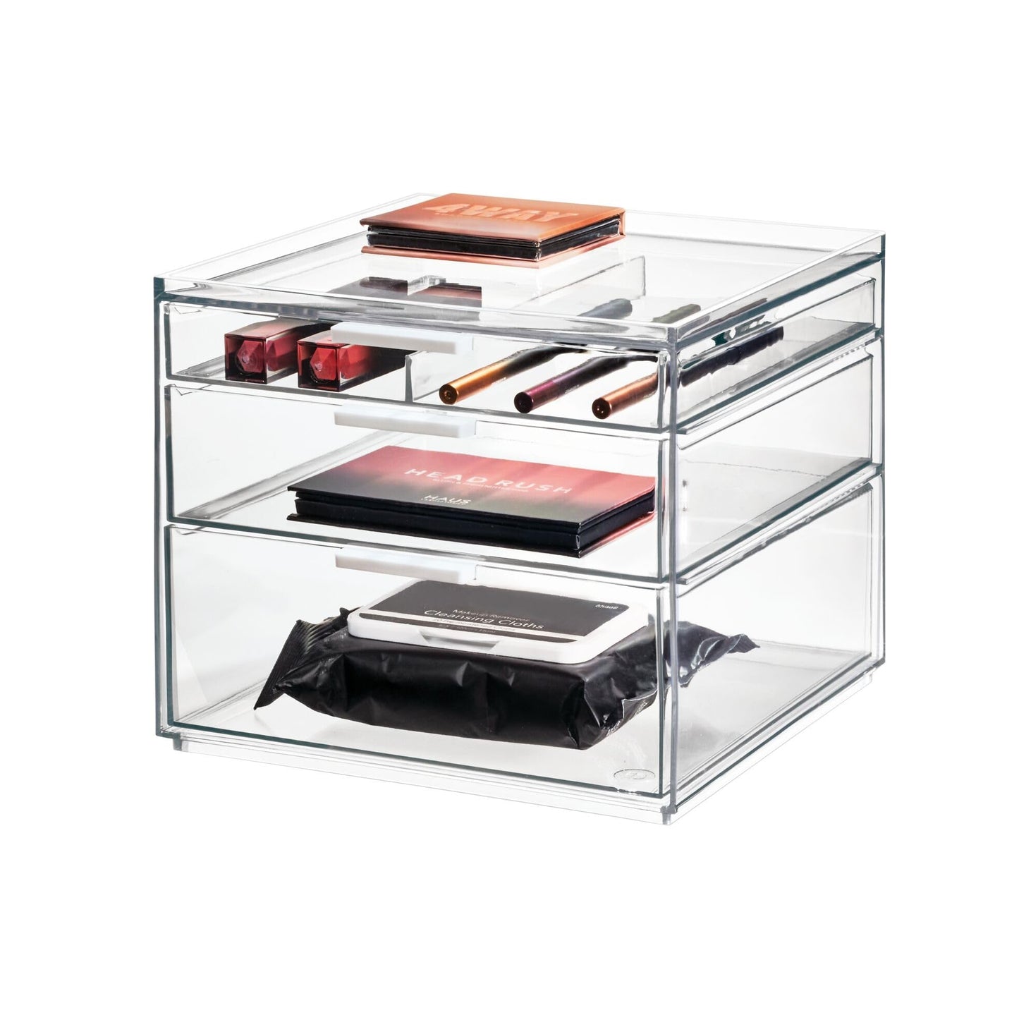 iDesign Storage Drawer from the Signature Series by Sarah Tanno, Rectangular PET Makeup Tray for Beauty Products, Cosmetic Organiser System, Clear/Matte White, 10.2 cm x 20.3 cm x 5 cm