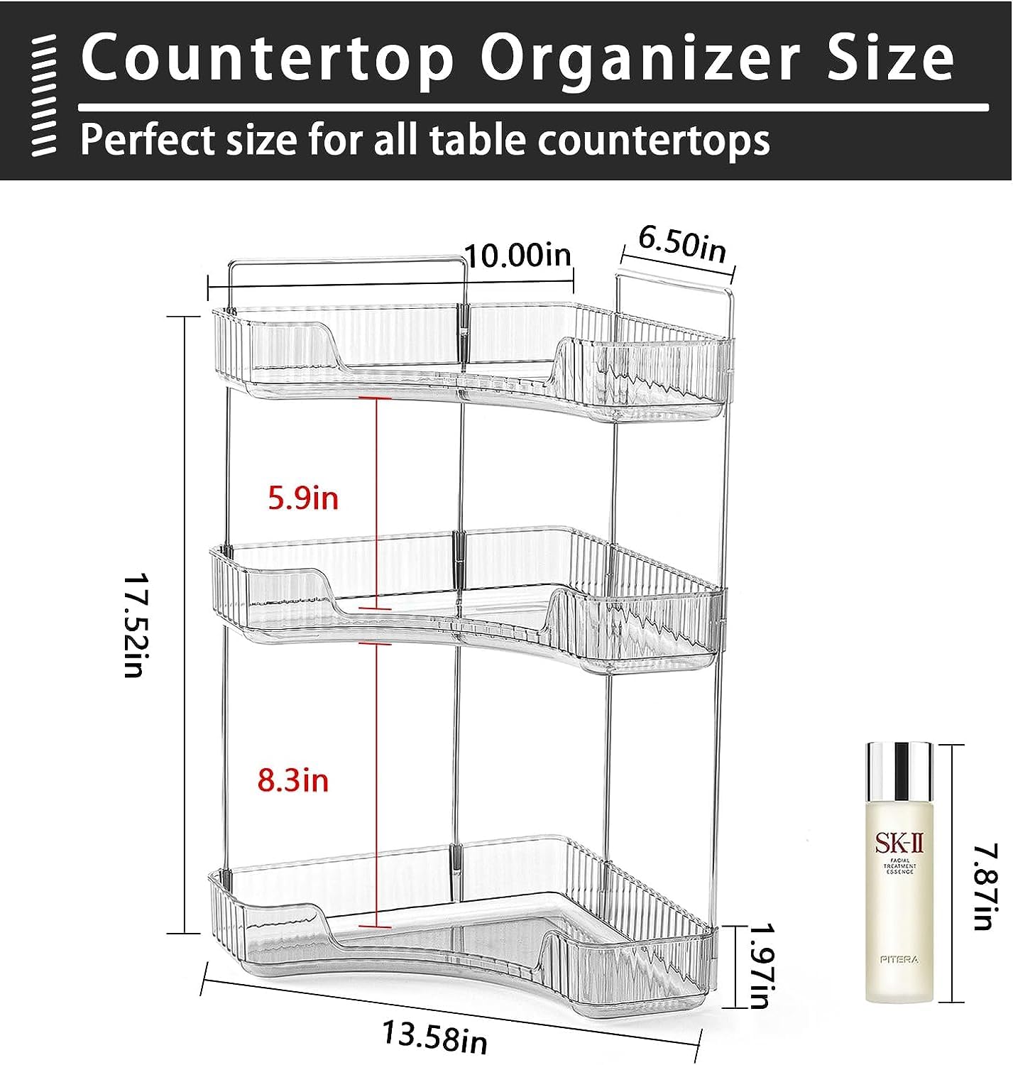 Bingobang Makeup Organiser Corner Trays, 3 Tiers Skincare Cosmetic Organizer Acrylic Large, Storage Tidy for Lipstick, Nail Care, Perfume, Brush, Vanity Dresser, Bedroom, Kitchen, Bathroom(Grey)