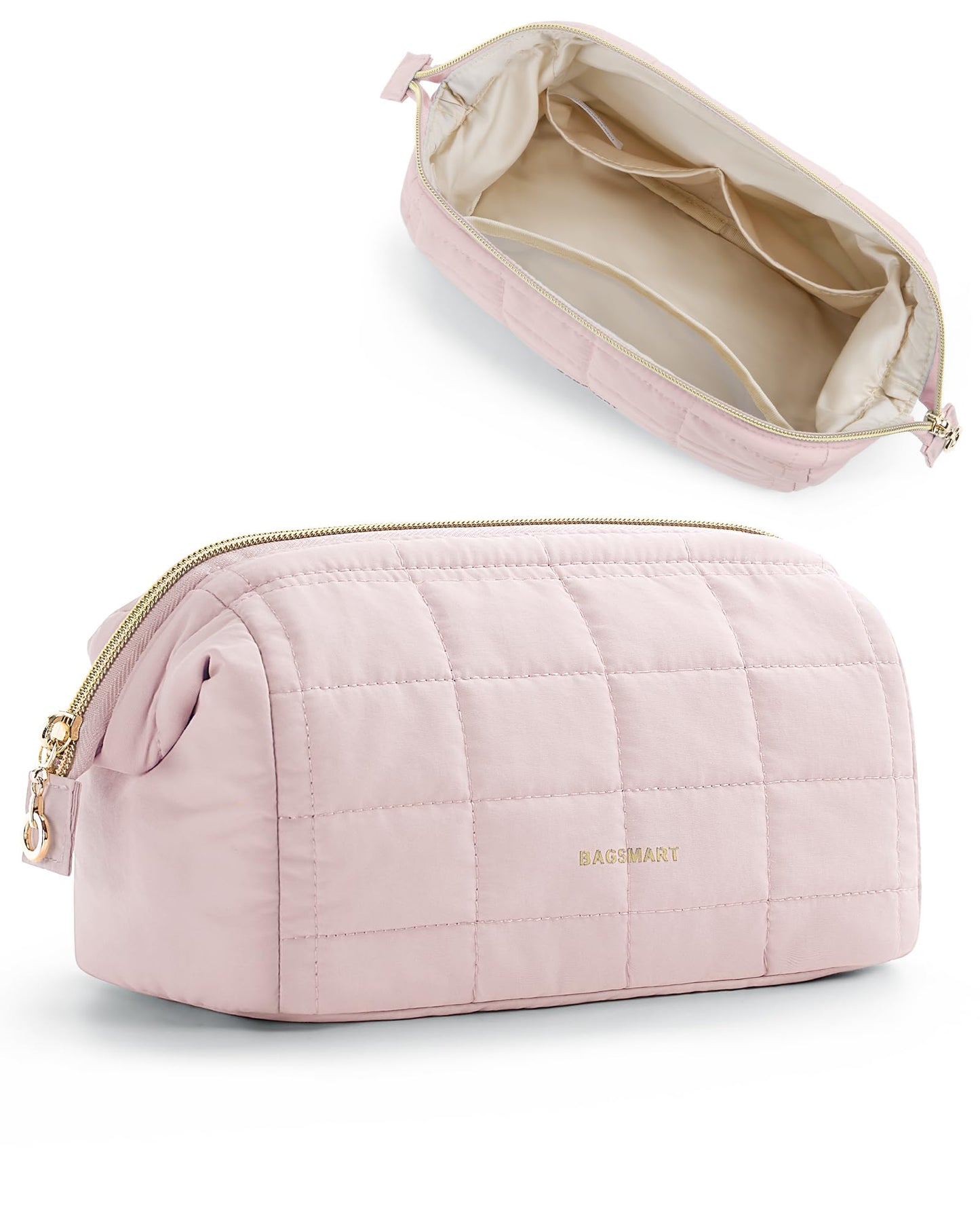 BAGSMART Makeup Bag Travel Cosmetic Bag, Puffy Padded Make Up Bags for Women, Large Capacity Wide-Open Travel-Size Toiletries Pouch, Purple