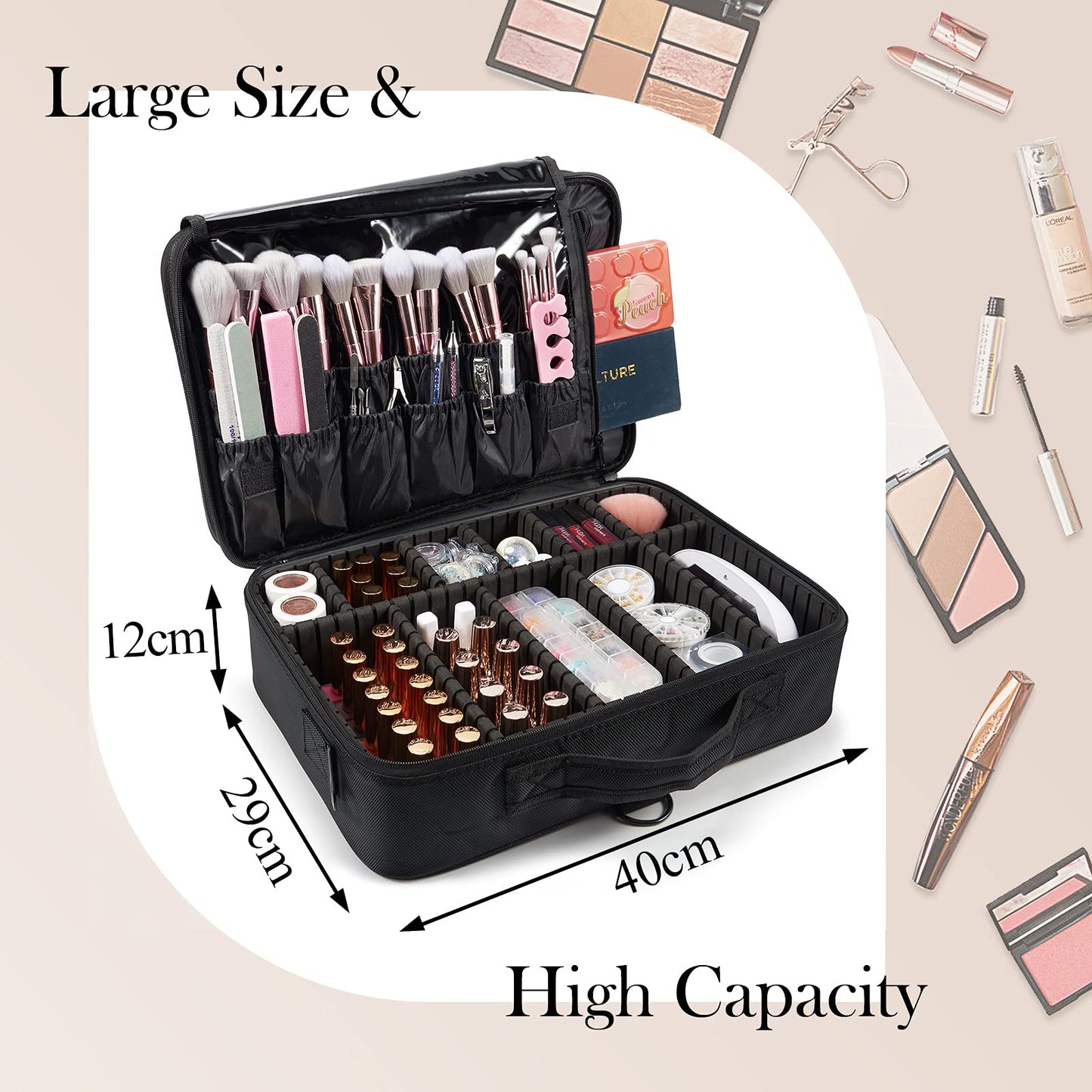 Joligrace Large PU Leather Professional Makeup Bag with Removable Back Strap Cosmetic Case Beauty Box Hairdressing Tools Organiser Storage Box, Marble