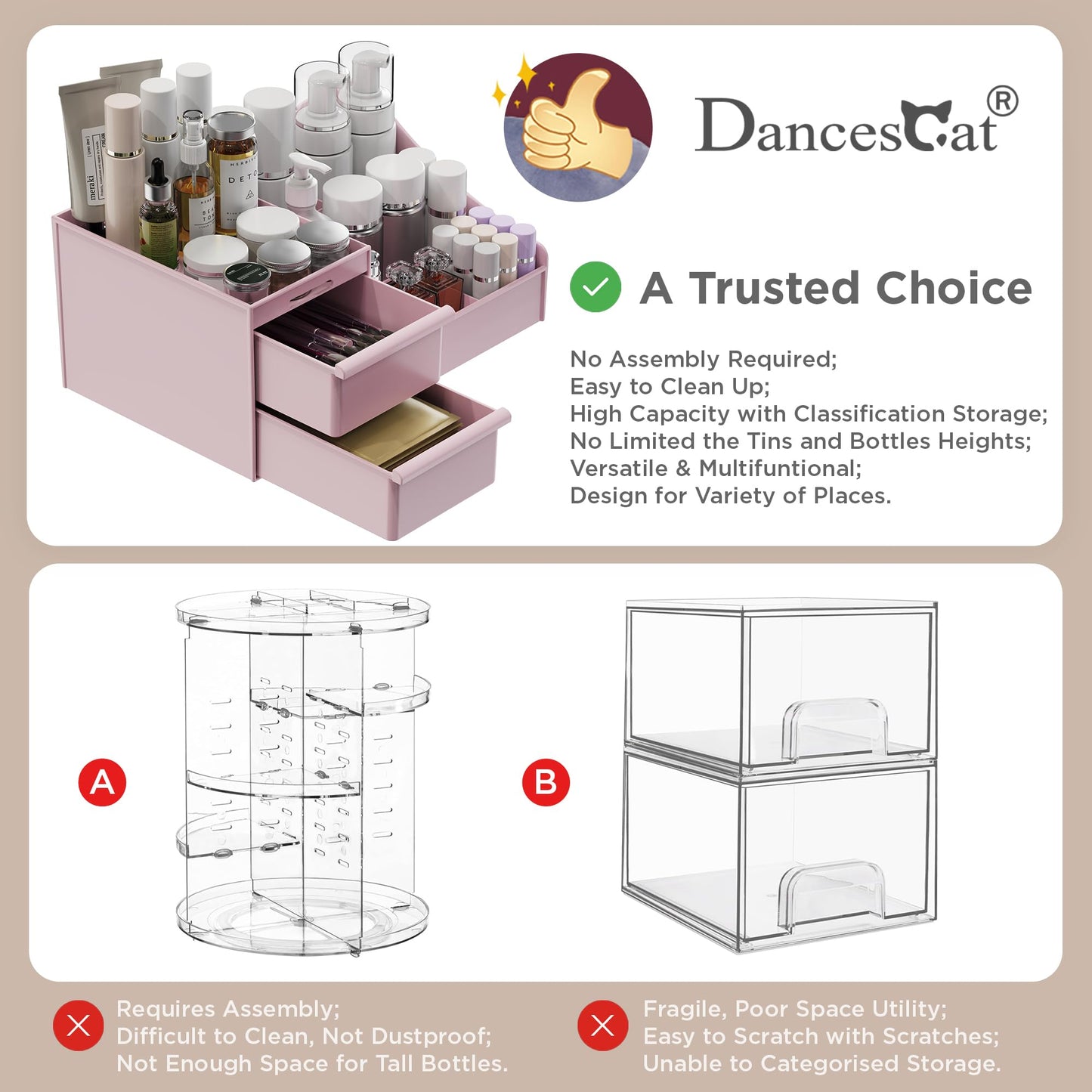 Makeup Organizer Storage Drawers, Large Capacity Cosmetic Organisers for Lipsticks, Jewelry, Nail Care, Skincare Organiser for Vanity, Ideal Desk Organizer for Dresser and Bathroom