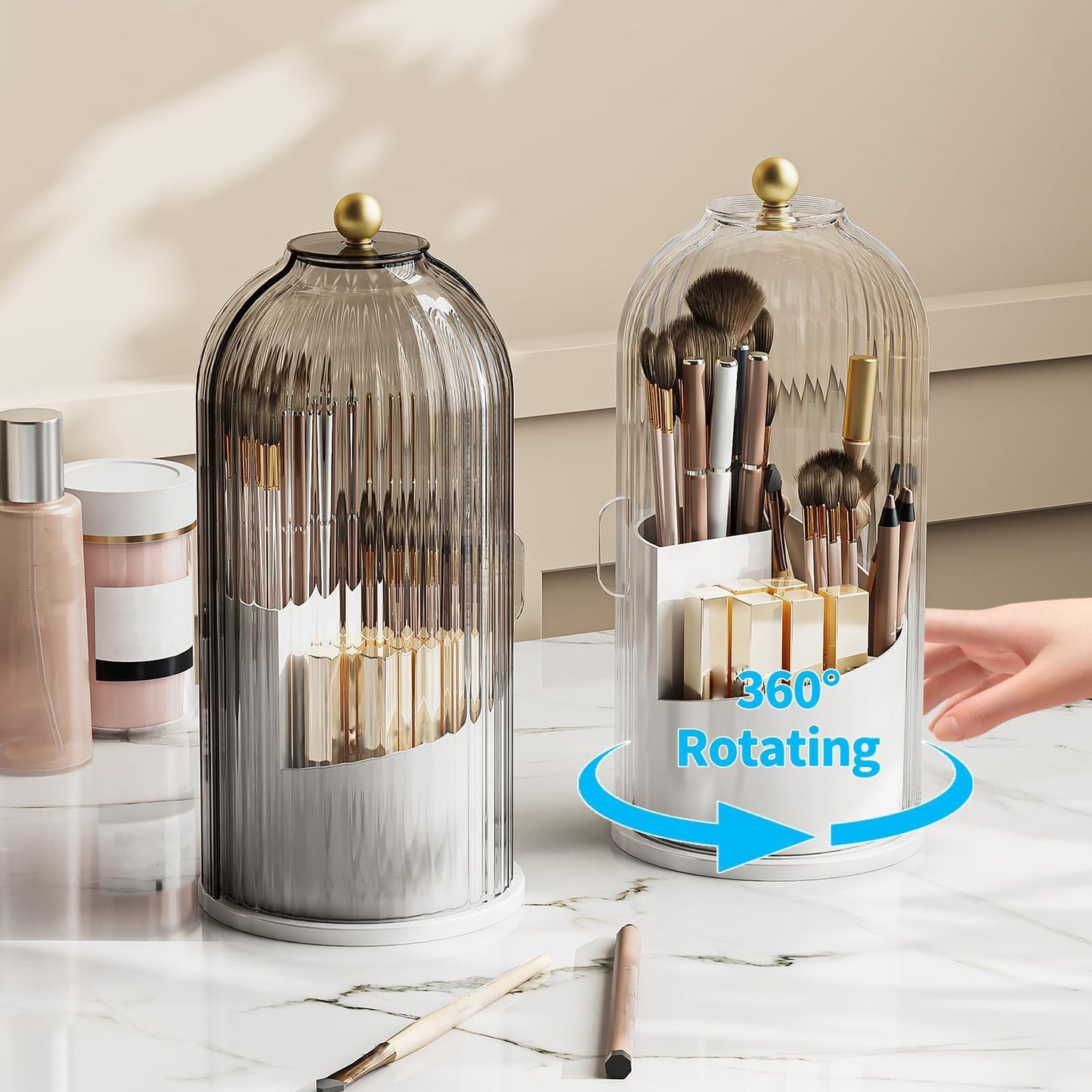 Makeup Brush Holder Rotating Organiser with Clear Lid,Sliding Opening Dustproof Makeup Brush Case Make up Organizer Storage for Dressing Table Organiser,Vanity,White Black