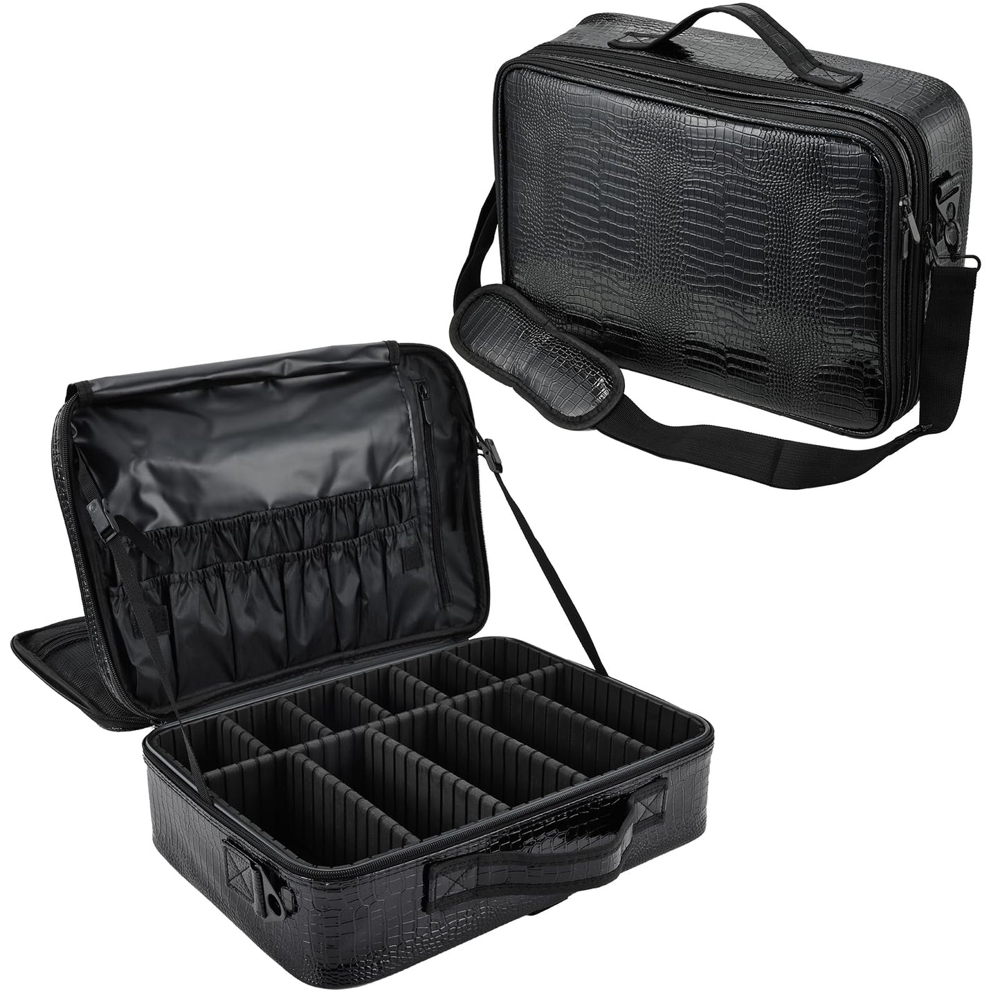 Joligrace Large PU Leather Professional Makeup Bag with Removable Back Strap Cosmetic Case Beauty Box Hairdressing Tools Organiser Storage Box, Marble