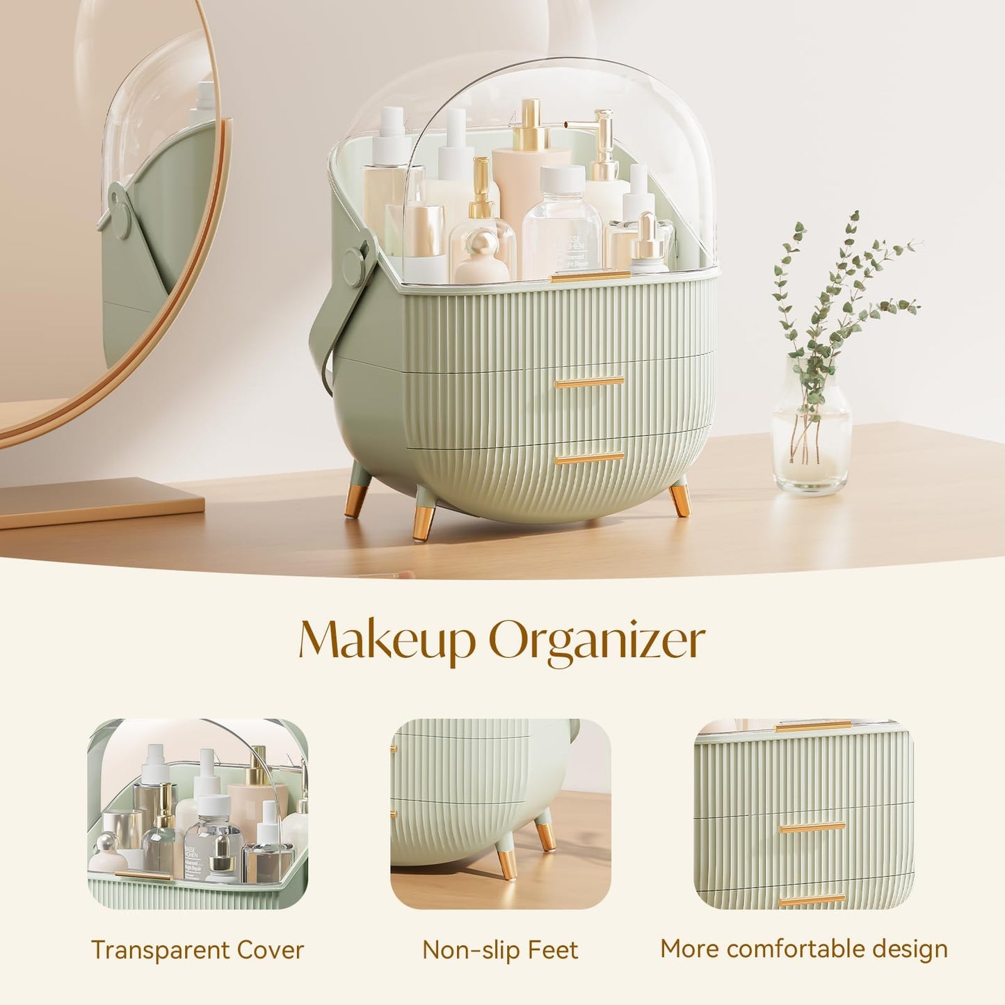 Makeup Organizer Box, Clear Cover Cosmetic Display Case with Two Tier Storage Box and Brush Storage Box, Skincare Organizers for Bathroom Countertop, Bedroom Vanity Desk and Travel (White)