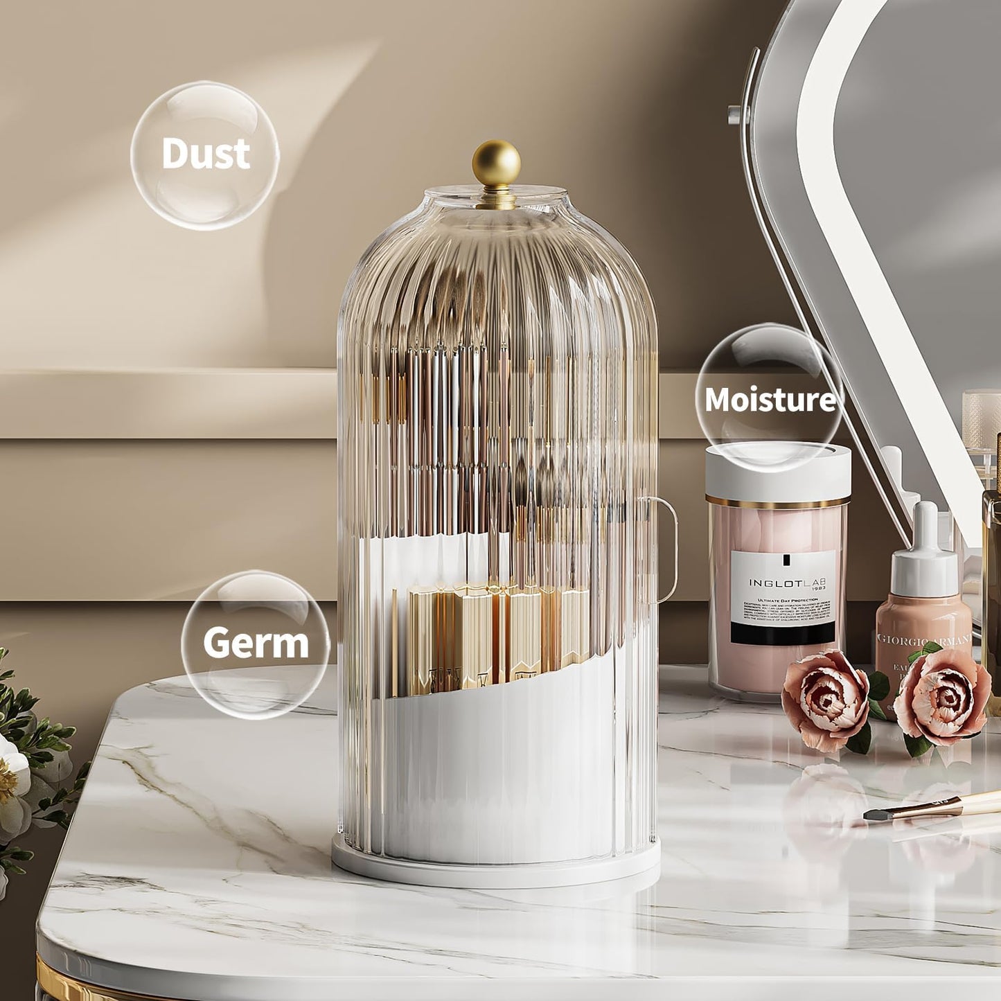 Makeup Brush Holder Rotating Organiser with Clear Lid,Sliding Opening Dustproof Makeup Brush Case Make up Organizer Storage for Dressing Table Organiser,Vanity,White Black