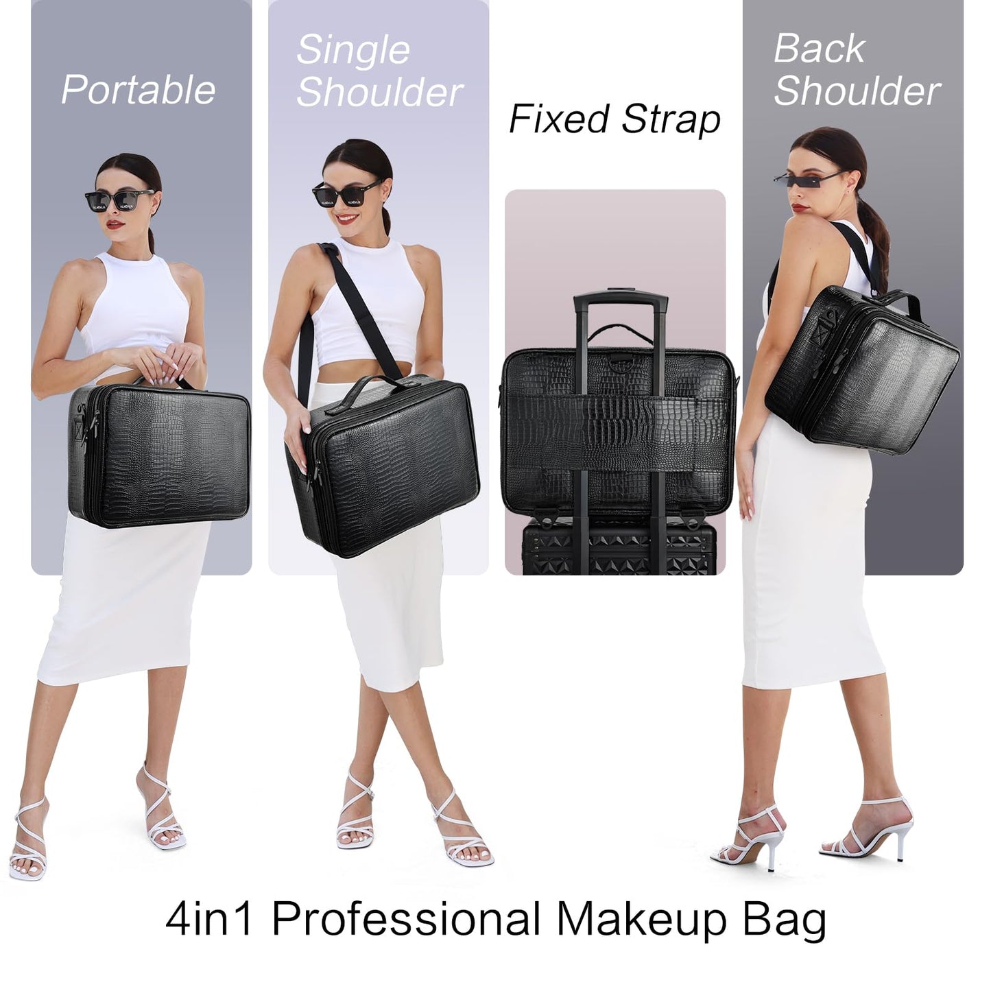 Joligrace Large PU Leather Professional Makeup Bag with Removable Back Strap Cosmetic Case Beauty Box Hairdressing Tools Organiser Storage Box, Marble