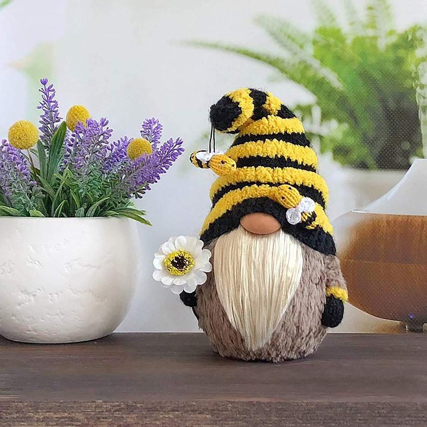 Garden Gnome Statue,Bee Gnome Spring Sunflower Doll Decor, Handmade Bumble Plush Faceless Doll Ornaments, Bedroom Desktop Gnomes Ornaments, Indoor Spring Decor for Home