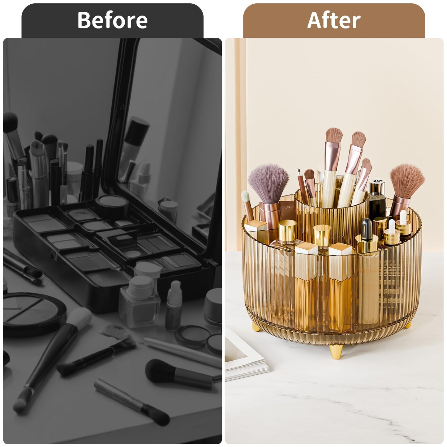 fanado 360° Rotating Makeup Organiser, Makeup Brush Holder, 5 Compartment Makeup and Skincare Storage for Vanity, Desktop, Bathroom (Purple)