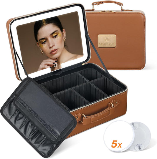 Kalolary Travel Makeup Cases, Makeup Bag Cosmetic Case with 3 Color LED Mirror Makeup Organizer Bag Portable Makeup Storage Box with Detachable 5X Magnifying Mirror & Adjustable Dividers (Brown)