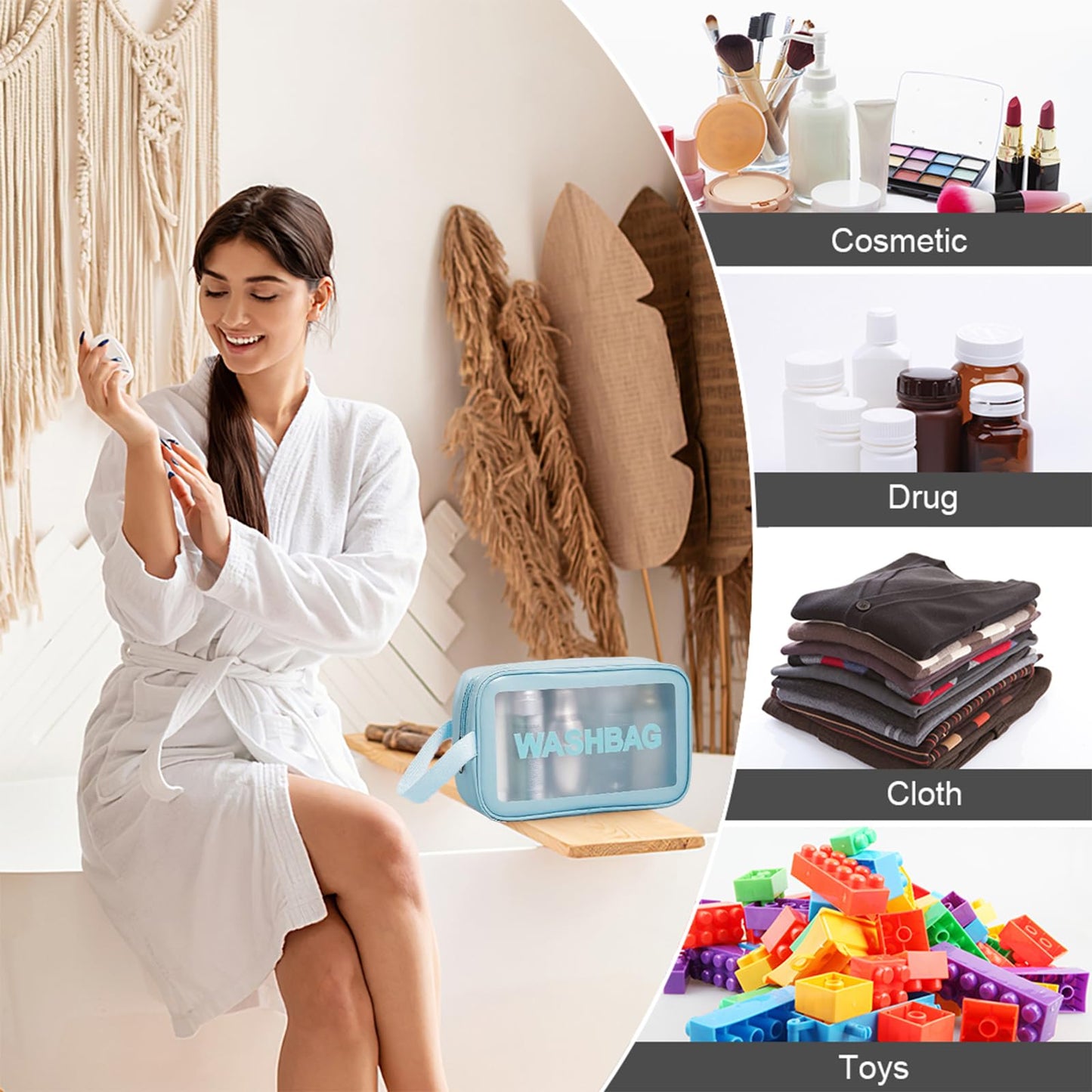 3PCS Clear Toiletry Bag, Wash Bag, Clear PU Makeup Bags, Waterproof Toiletry Travel Bags with Zipper Handle, Portable Airport Cosmetic B-ag for Travel Bathroom Men Women(Blue)