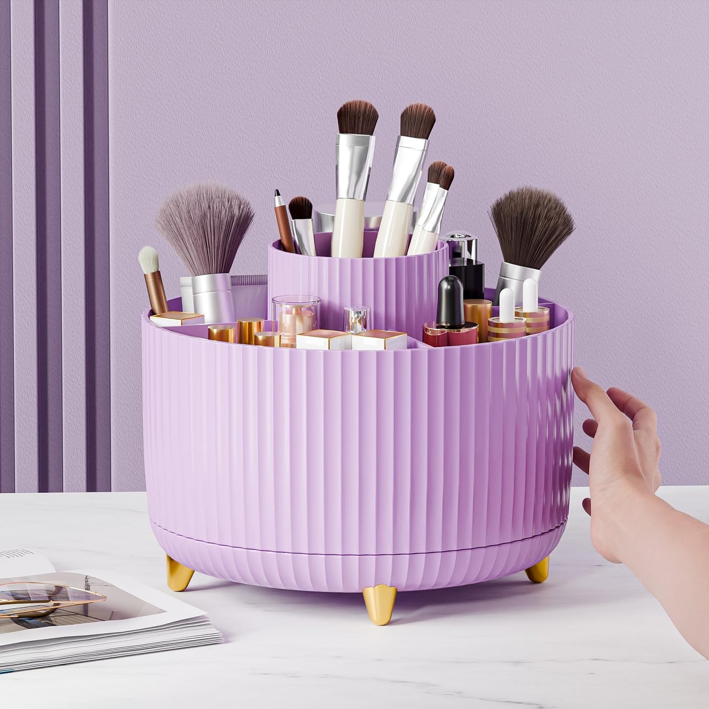 fanado 360° Rotating Makeup Organiser, Makeup Brush Holder, 5 Compartment Makeup and Skincare Storage for Vanity, Desktop, Bathroom (Purple)