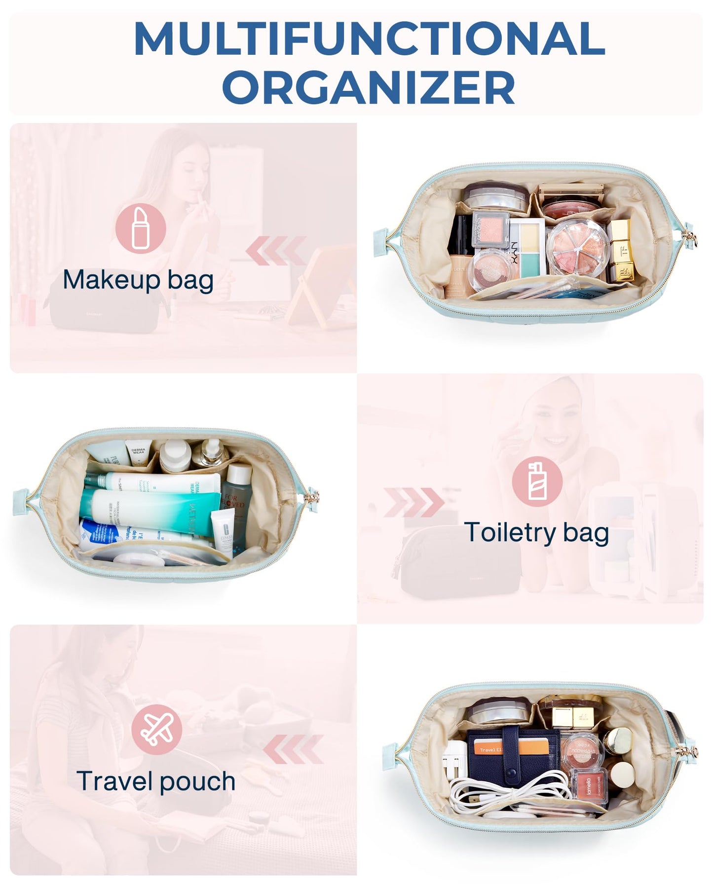 BAGSMART Makeup Bag Travel Cosmetic Bag, Puffy Padded Make Up Bags for Women, Large Capacity Wide-Open Travel-Size Toiletries Pouch, Purple